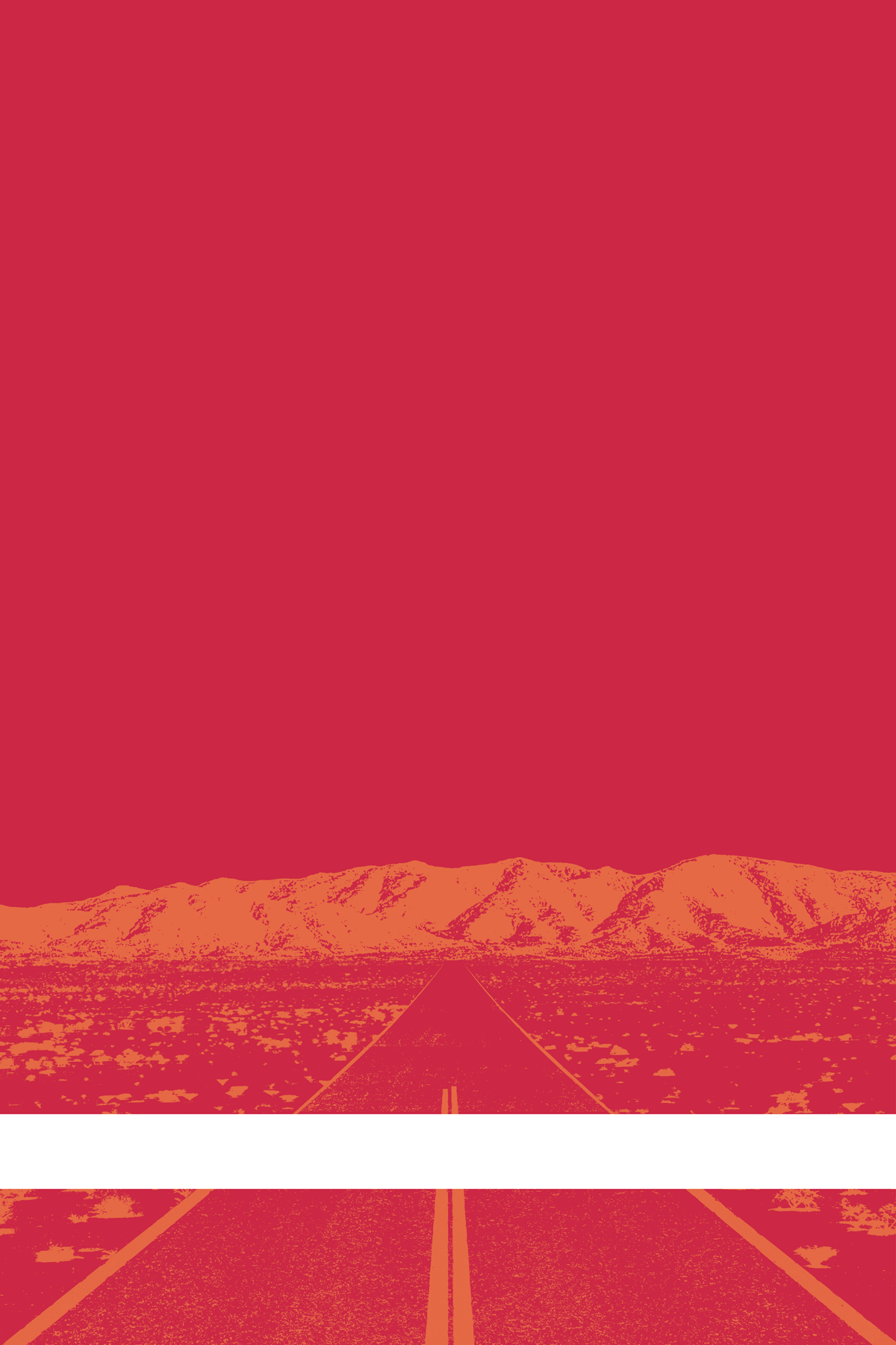 A view of Mercury Valley, Nevada, facing toward the northwest. The composition is rendered in red and orange. A prominent white line stretches across the composition near the bottom of the view.