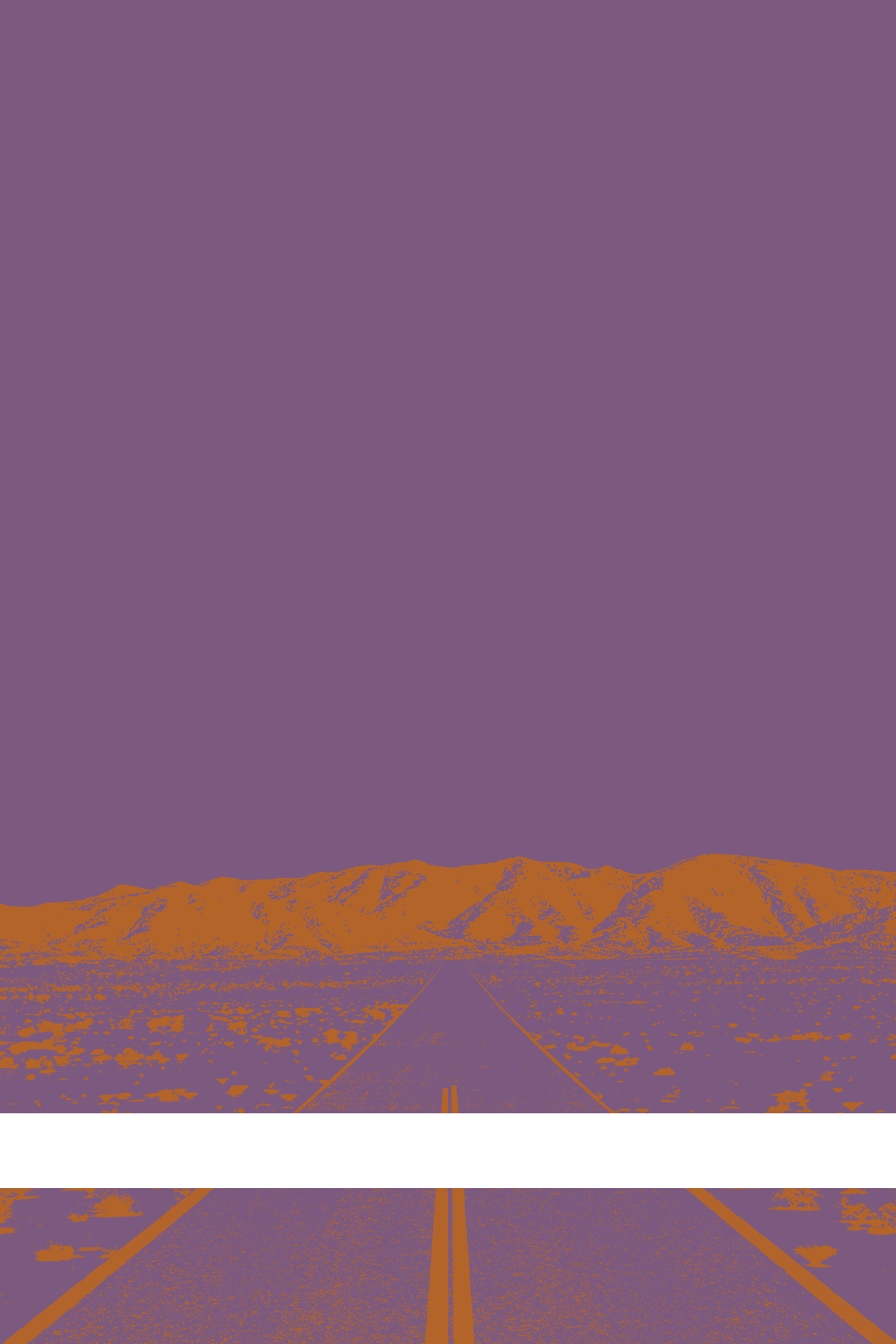 A view of Mercury Valley, Nevada, facing toward the northwest. The composition is rendered in light purple and orange. A prominent white line stretches across the composition near the bottom of the view.