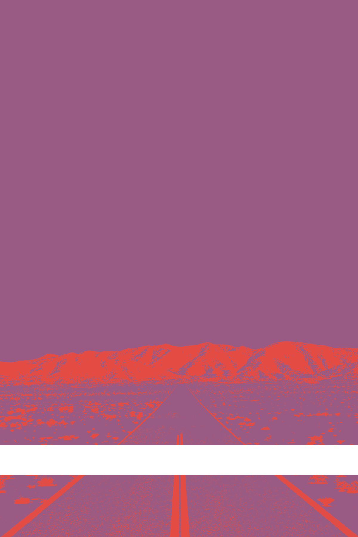 A view of Mercury Valley, Nevada, facing toward the northwest. The composition is rendered in purple and light red. A prominent white line stretches across the composition near the bottom of the view.