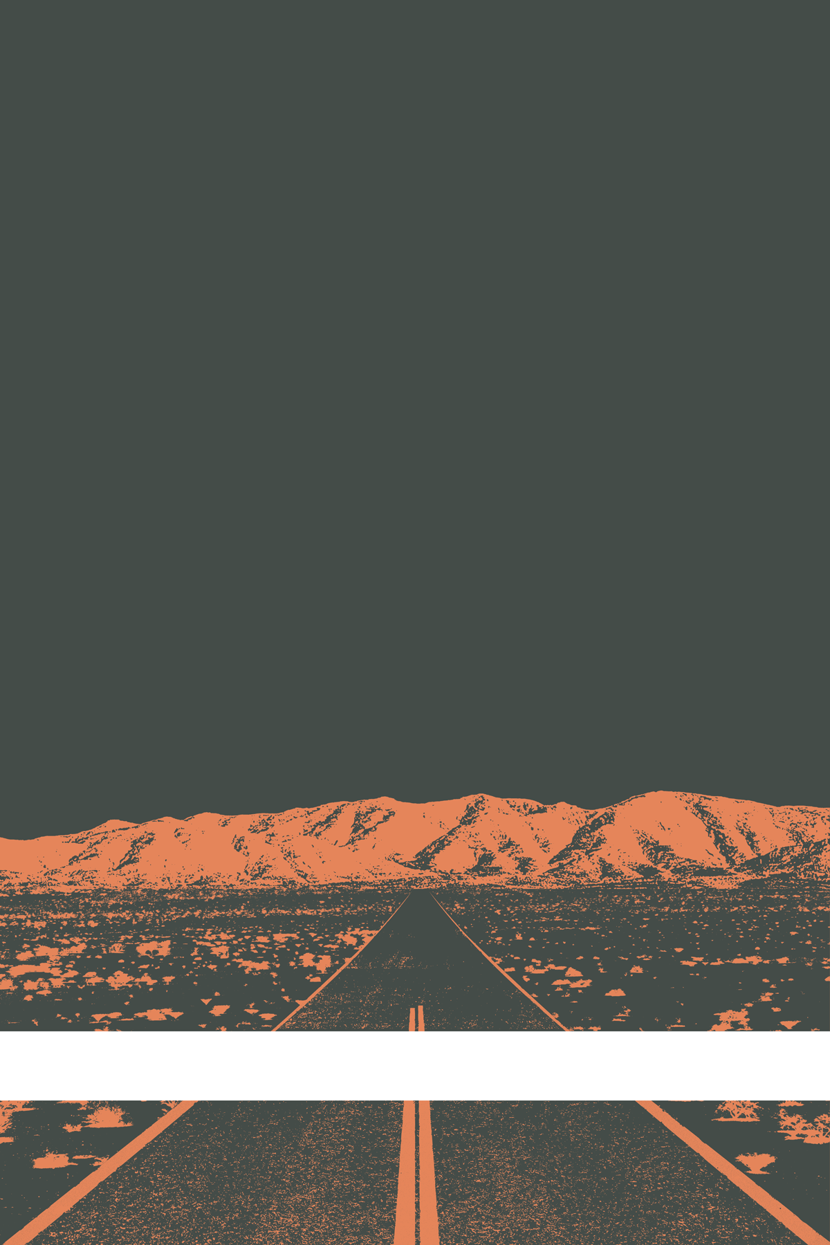 A view of Mercury Valley, Nevada, facing toward the northwest. The composition is rendered in dark gray and light orange. A prominent white line stretches across the composition near the bottom of the view.