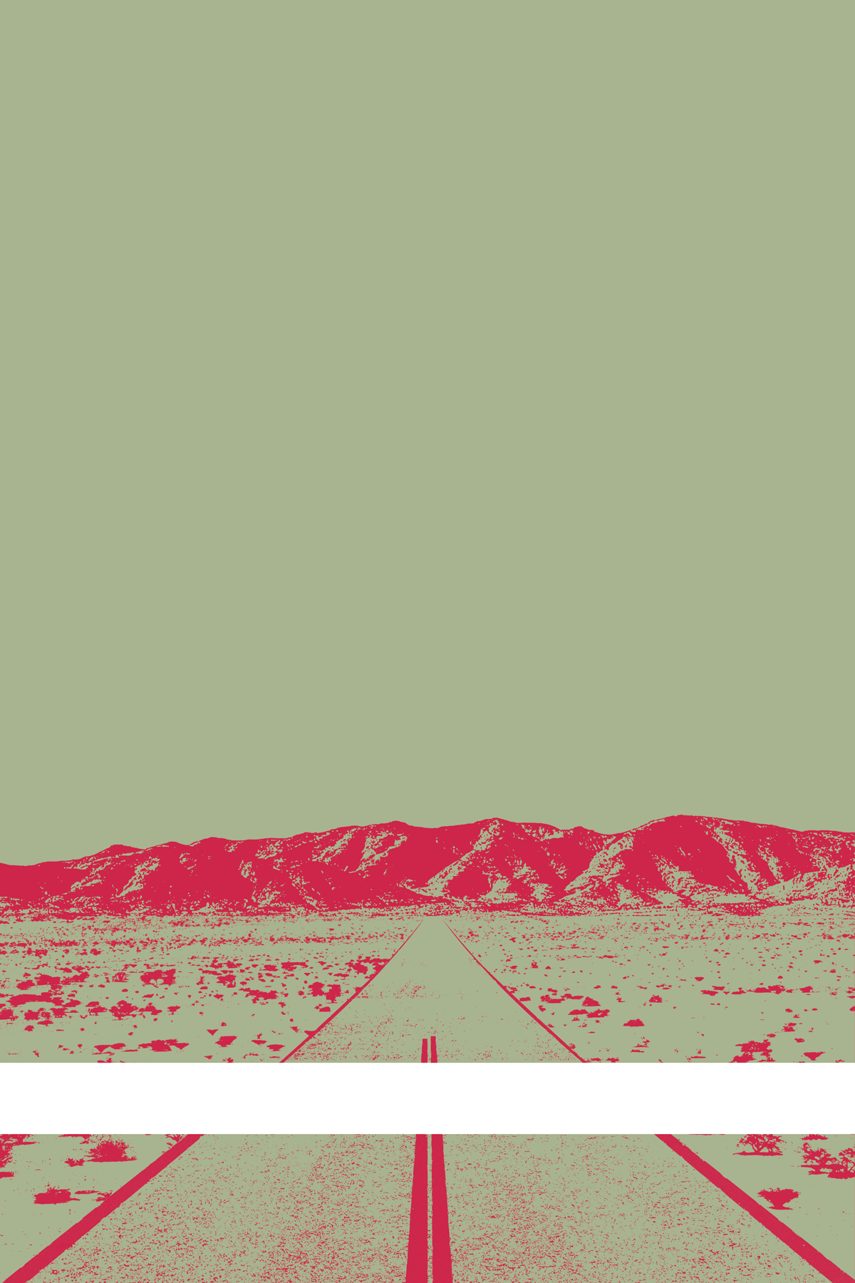 A view of Mercury Valley, Nevada, facing toward the northwest. The composition is rendered in light grayish green and red. A prominent white line stretches across the composition near the bottom of the view.