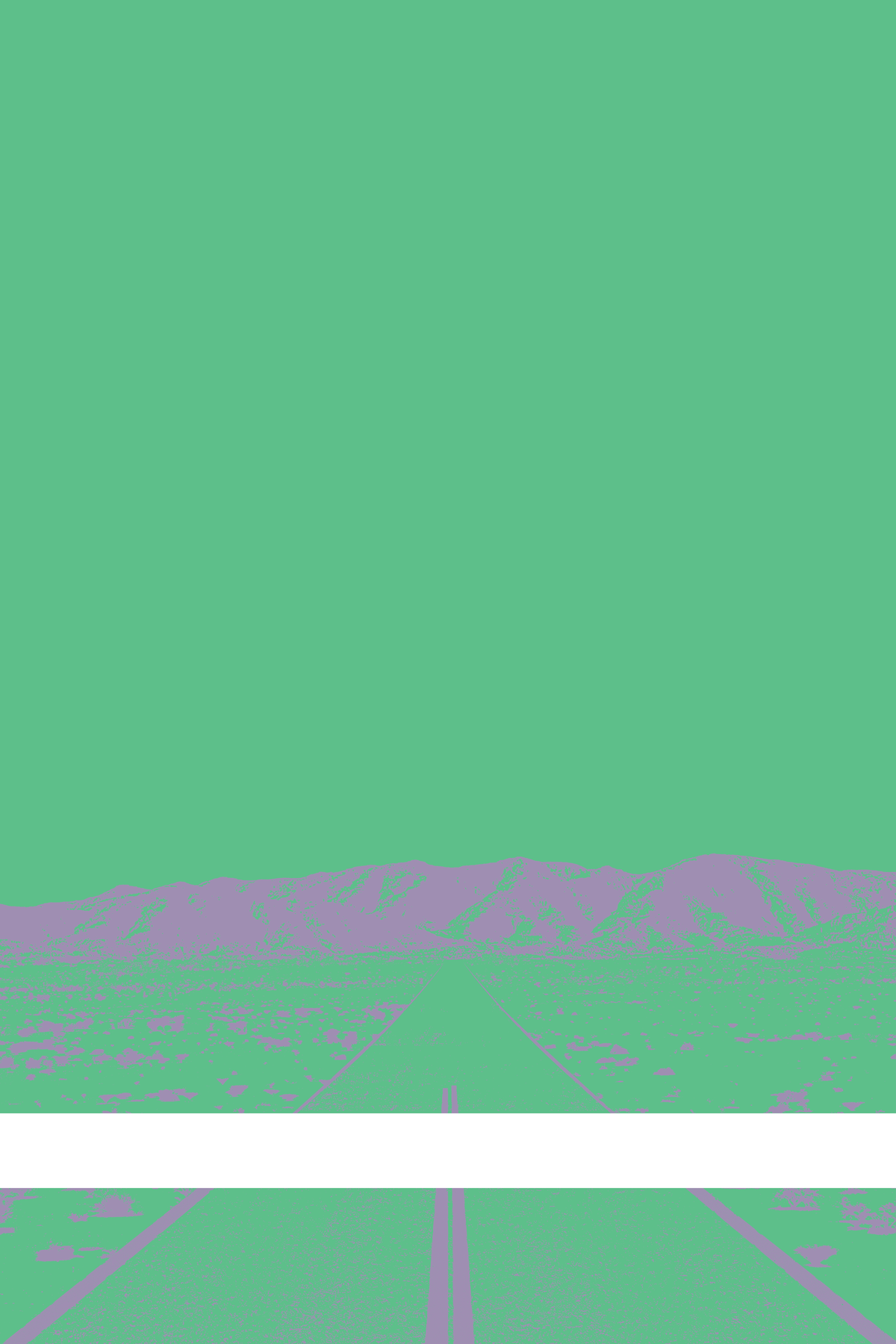 A view of Mercury Valley, Nevada, facing toward the northwest. The composition is rendered in light green and purple. A prominent white line stretches across the composition near the bottom of the view.