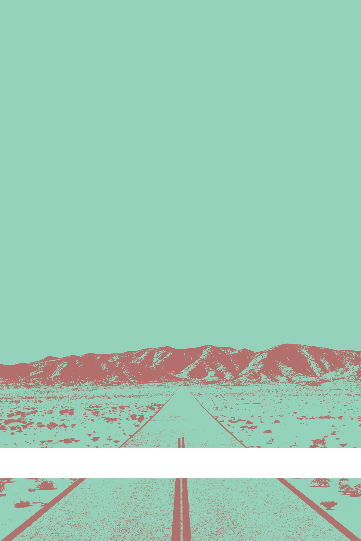 A view of Mercury Valley, Nevada, facing toward the northwest. The composition is rendered in light blue-green and dark pink. A prominent white line stretches across the composition near the bottom of the view.