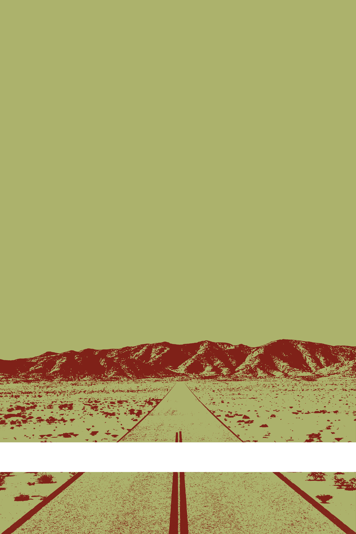 A view of Mercury Valley, Nevada, facing toward the northwest. The composition is rendered in light yellow-green and red. A prominent white line stretches across the composition near the bottom of the view.