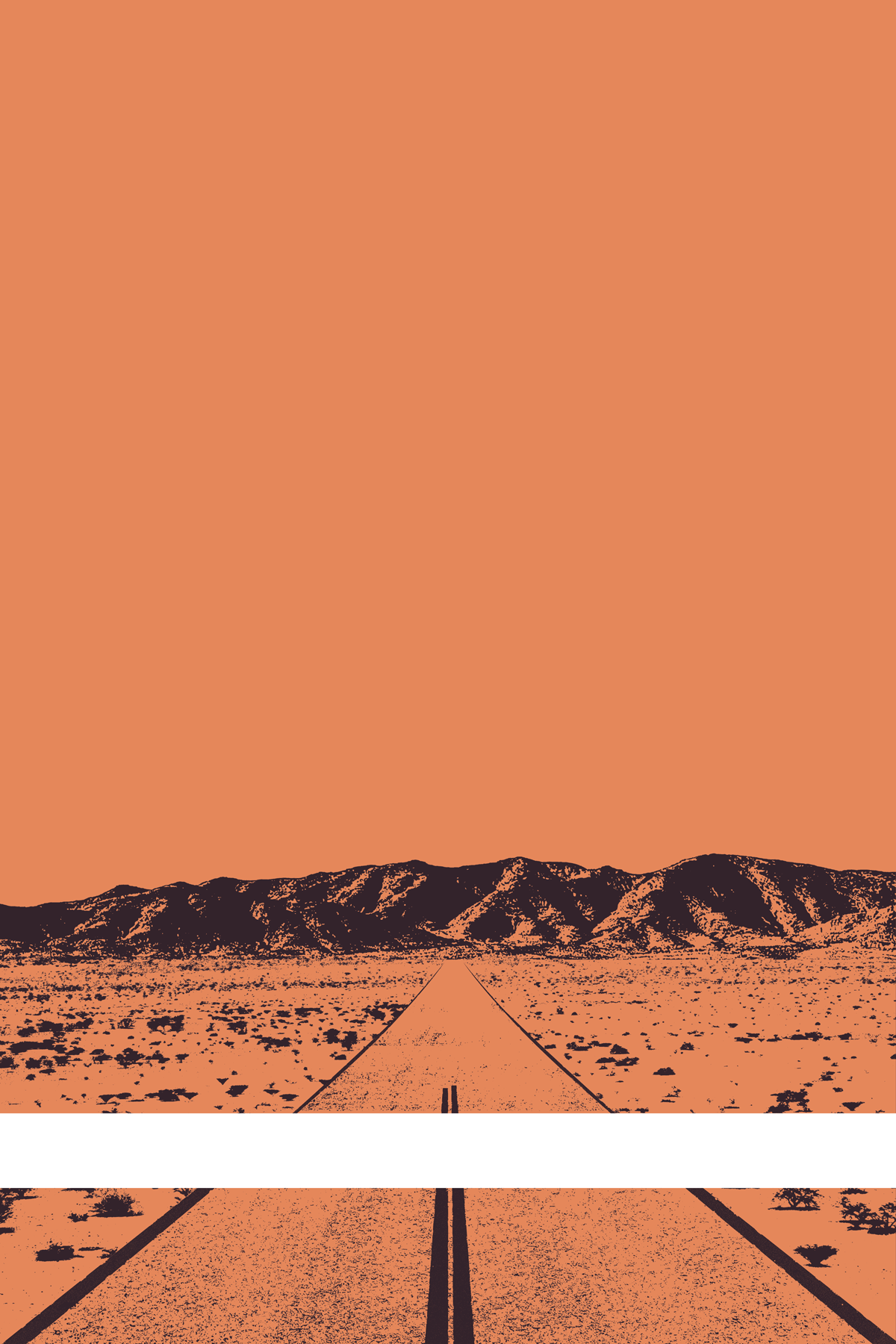 A view of Mercury Valley, Nevada, facing toward the northwest. The composition is rendered in light orange and dark purple. A prominent white line stretches across the composition near the bottom of the view.