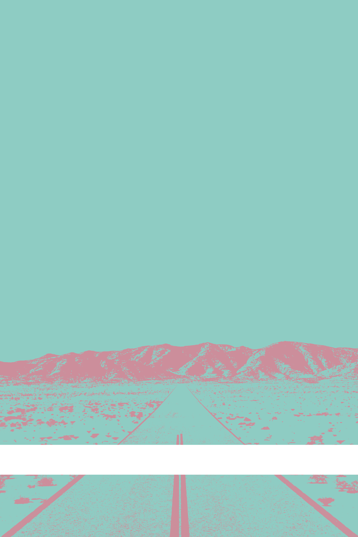 A view of Mercury Valley, Nevada, facing toward the northwest. The composition is rendered in light blue and pink. A prominent white line stretches across the composition near the bottom of the view.