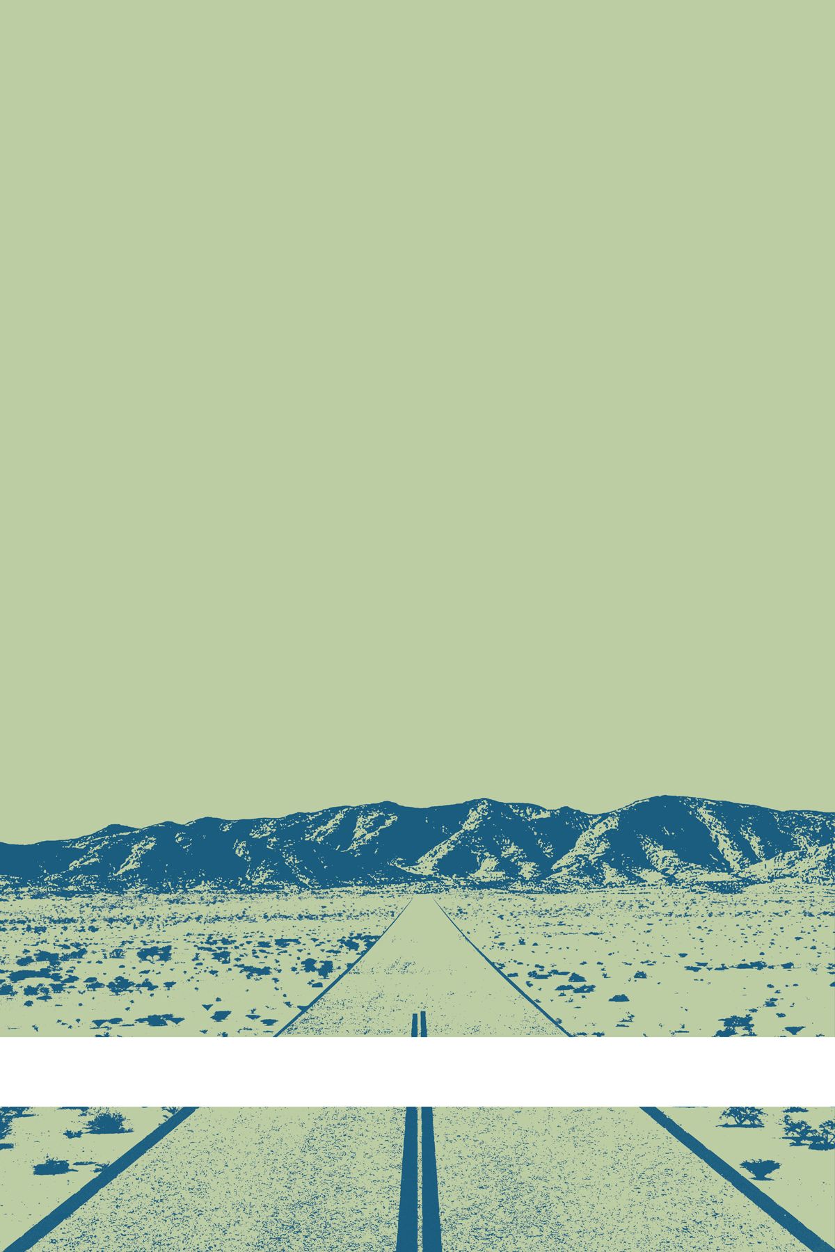 A view of Mercury Valley, Nevada, facing toward the northwest. The composition is rendered in light green and blue-green. A prominent white line stretches across the composition near the bottom of the view.