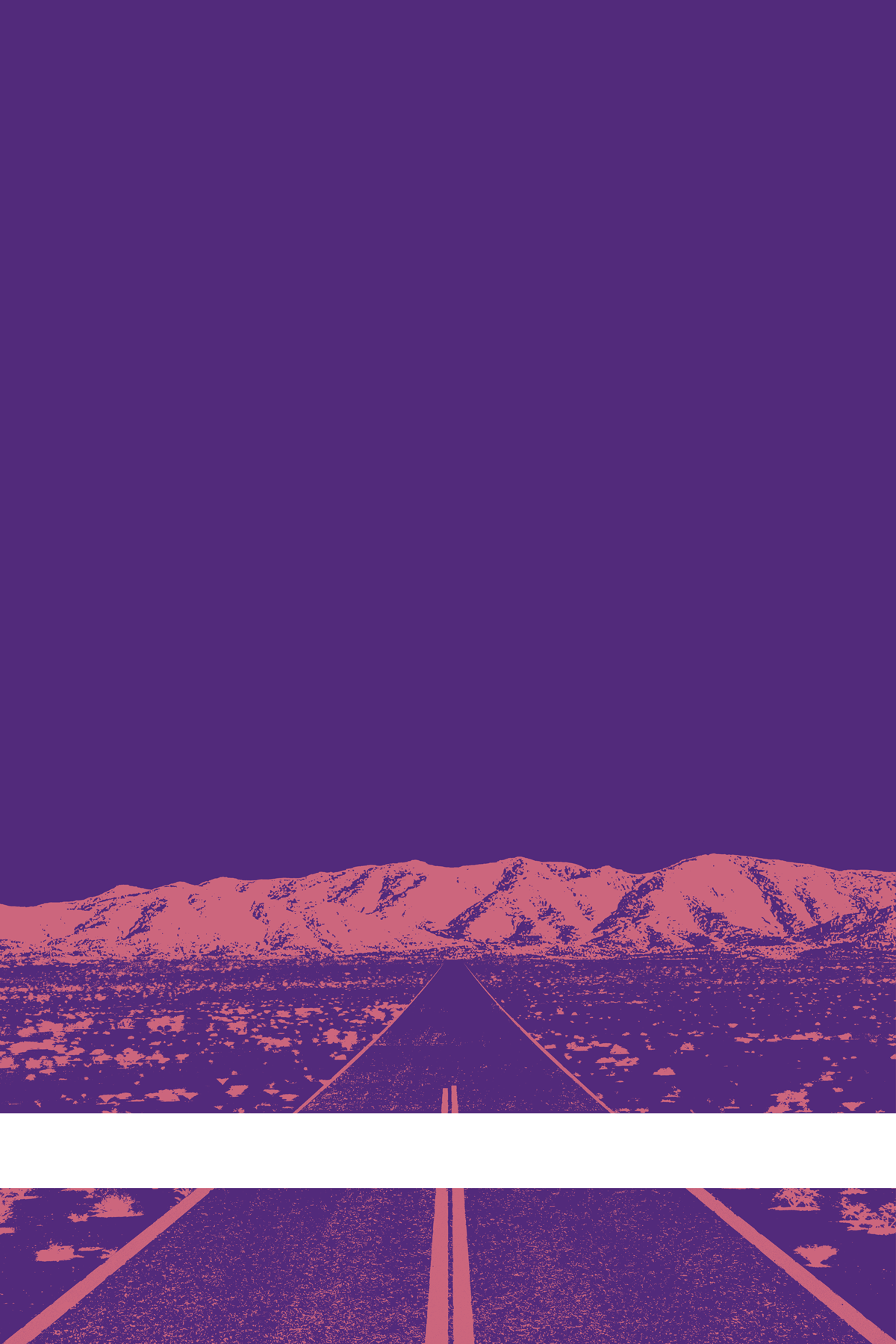 A view of Mercury Valley, Nevada, facing toward the northwest. The composition is rendered in purple and pink. A prominent white line stretches across the composition near the bottom of the view.