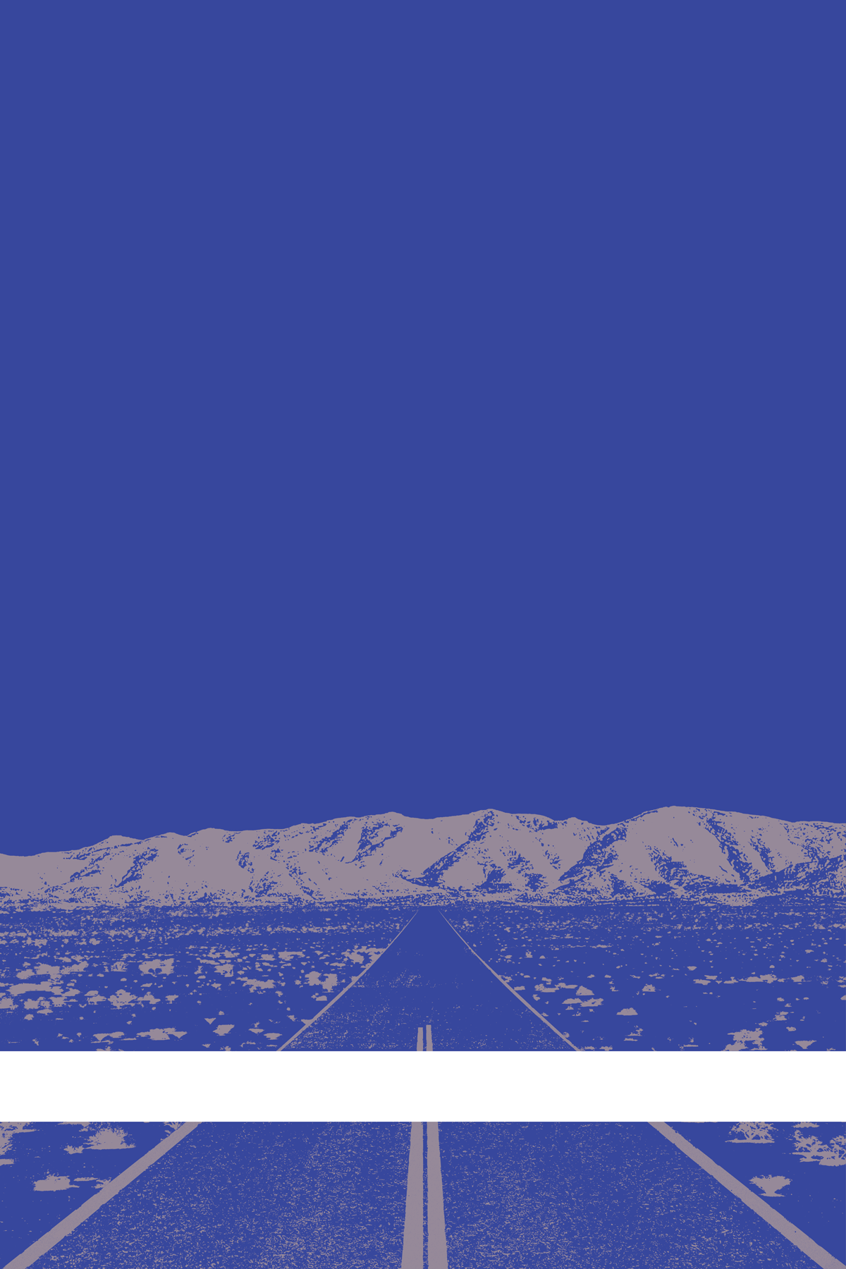 A view of Mercury Valley, Nevada, facing toward the northwest. The composition is rendered in blue and gray. A prominent white line stretches across the composition near the bottom of the view.