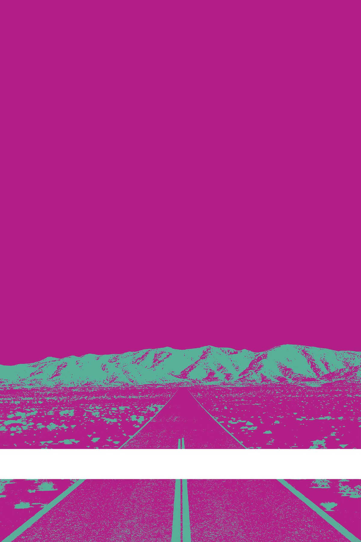 A view of Mercury Valley, Nevada, facing toward the northwest. The composition is rendered in purple and light blue-green. A prominent white line stretches across the composition near the bottom of the view.