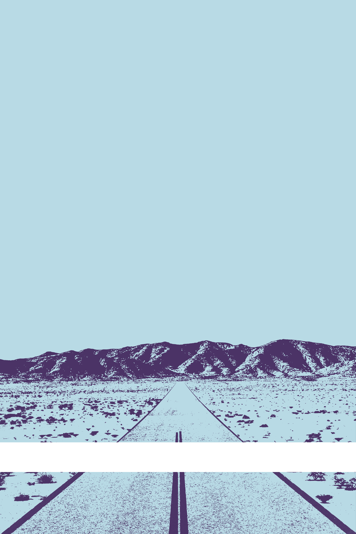 A view of Mercury Valley, Nevada, facing toward the northwest. The composition is rendered in light blue and dark purple. A prominent white line stretches across the composition near the bottom of the view.