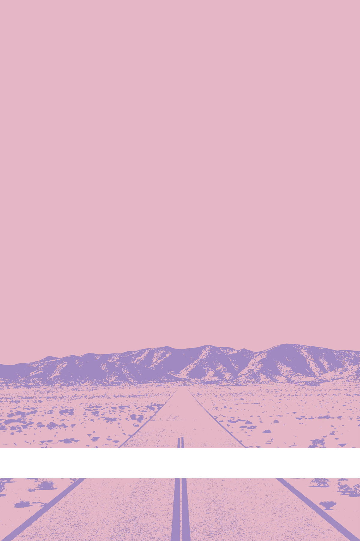 A view of Mercury Valley, Nevada, facing toward the northwest. The composition is rendered in light pink and light purple. A prominent white line stretches across the composition near the bottom of the view.