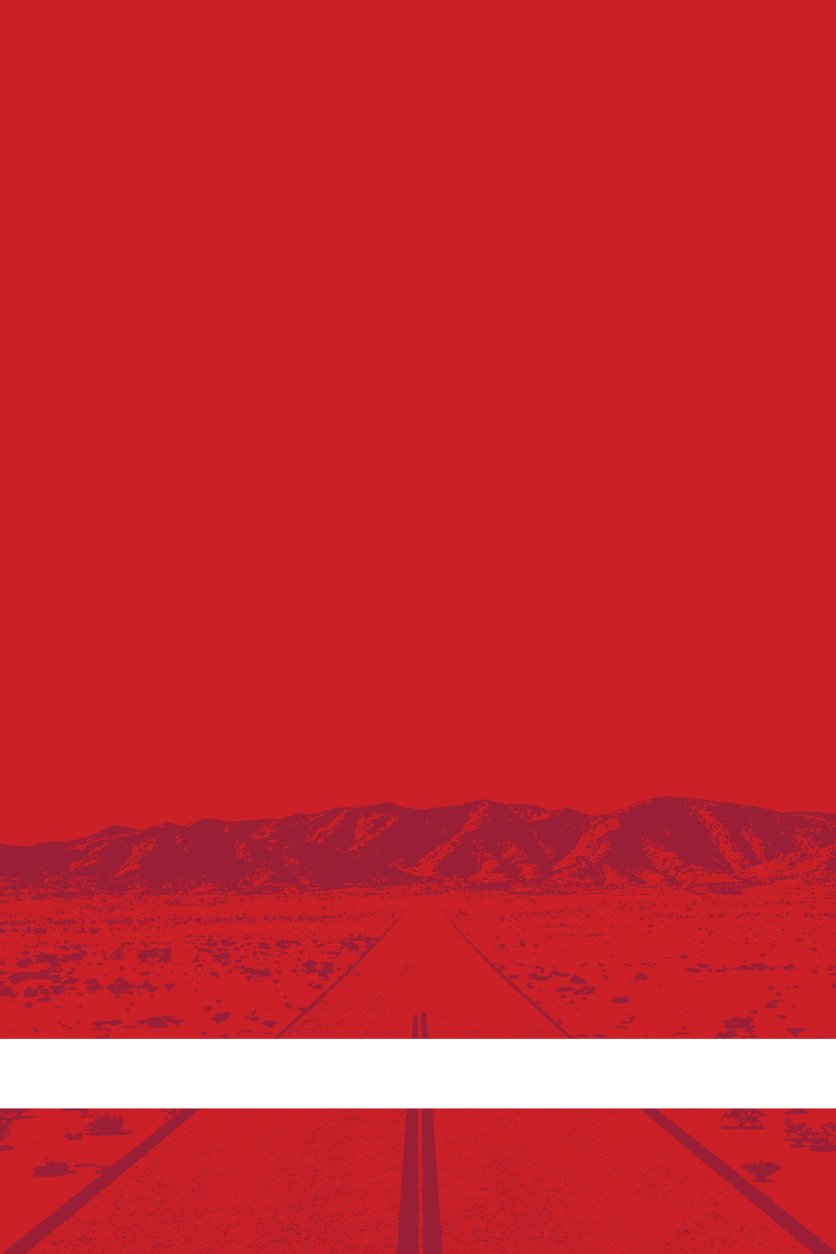 A view of Mercury Valley, Nevada, facing toward the northwest. The composition is rendered in red and dark purple. A prominent white line stretches across the composition near the bottom of the view.