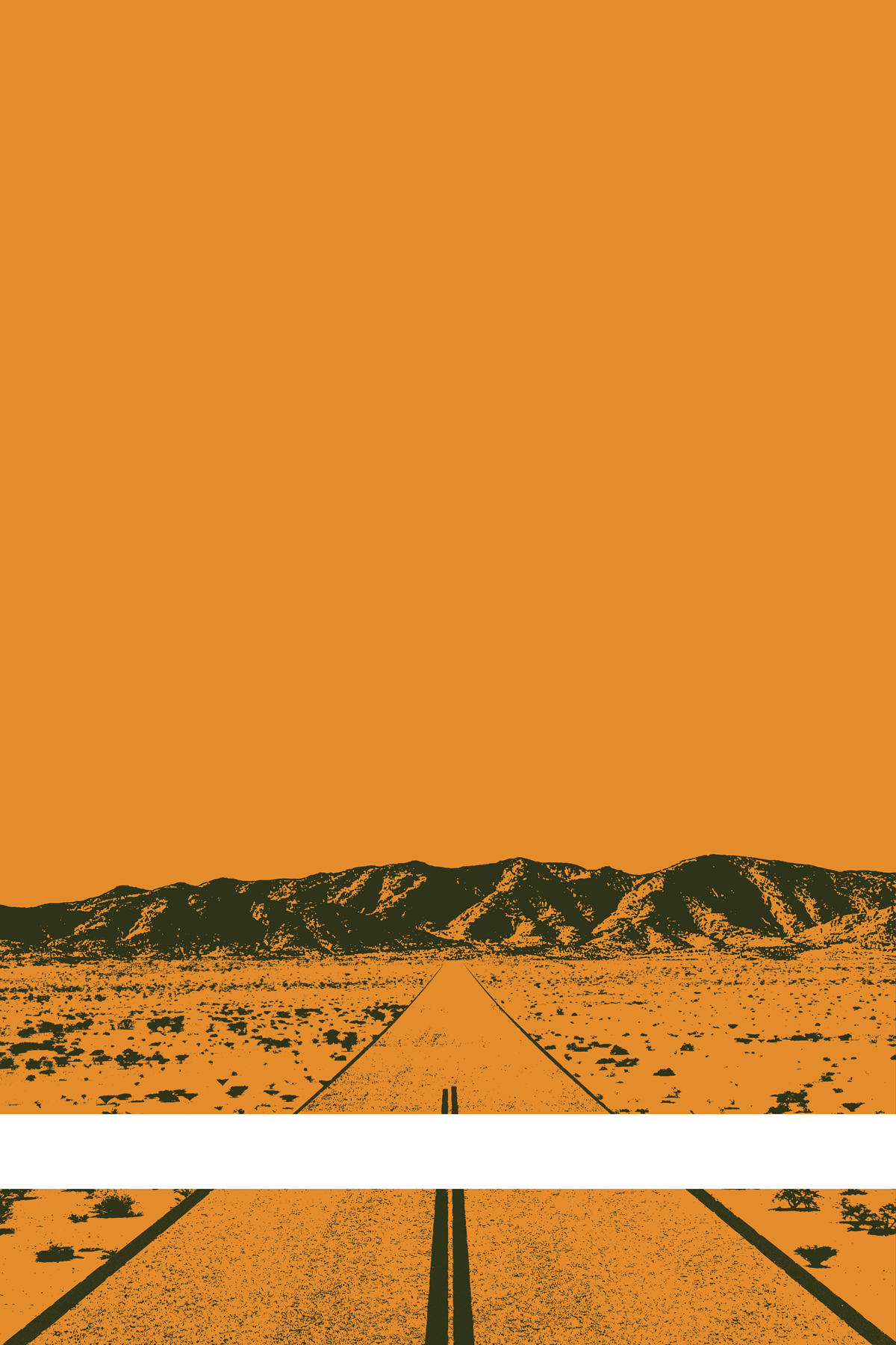 A view of Mercury Valley, Nevada, facing toward the northwest. The composition is rendered in orange and dark brown. A prominent white line stretches across the composition near the bottom of the view.