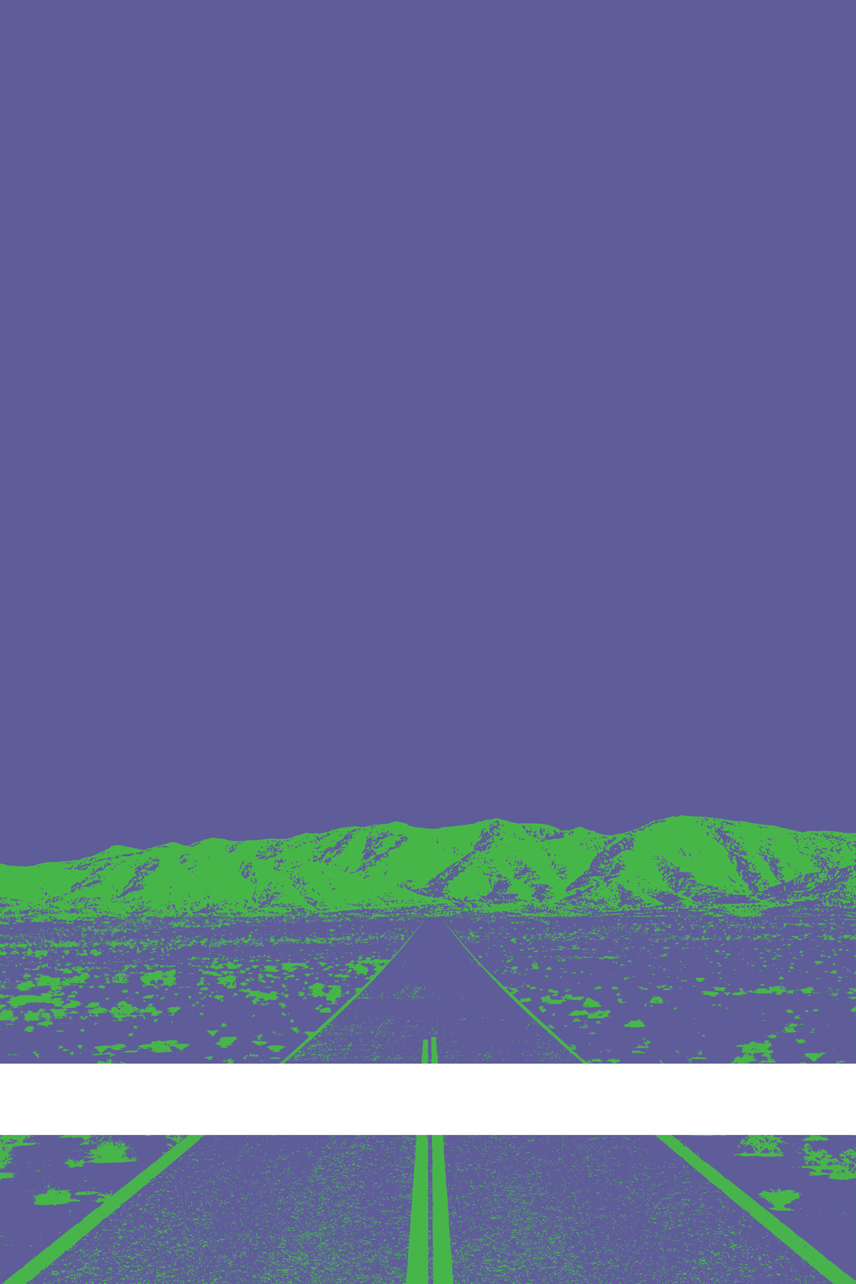 A view of Mercury Valley, Nevada, facing toward the northwest. The composition is rendered in purple and green. A prominent white line stretches across the composition near the bottom of the view.