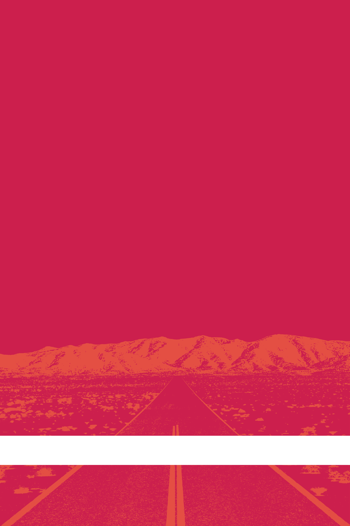 A view of Mercury Valley, Nevada, facing toward the northwest. The composition is rendered in red and pink. A prominent white line stretches across the composition near the bottom of the view.