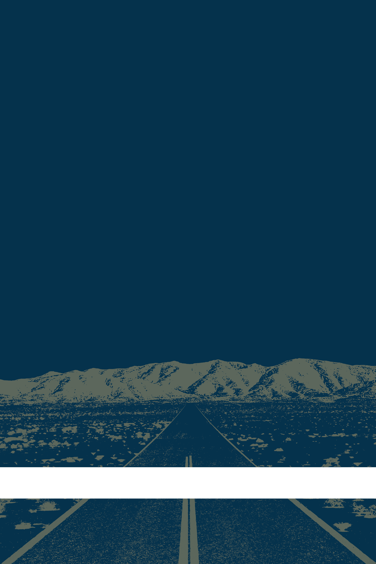 A view of Mercury Valley, Nevada, facing toward the northwest. The composition is rendered in dark blue and grayish green. A prominent white line stretches across the composition near the bottom of the view.