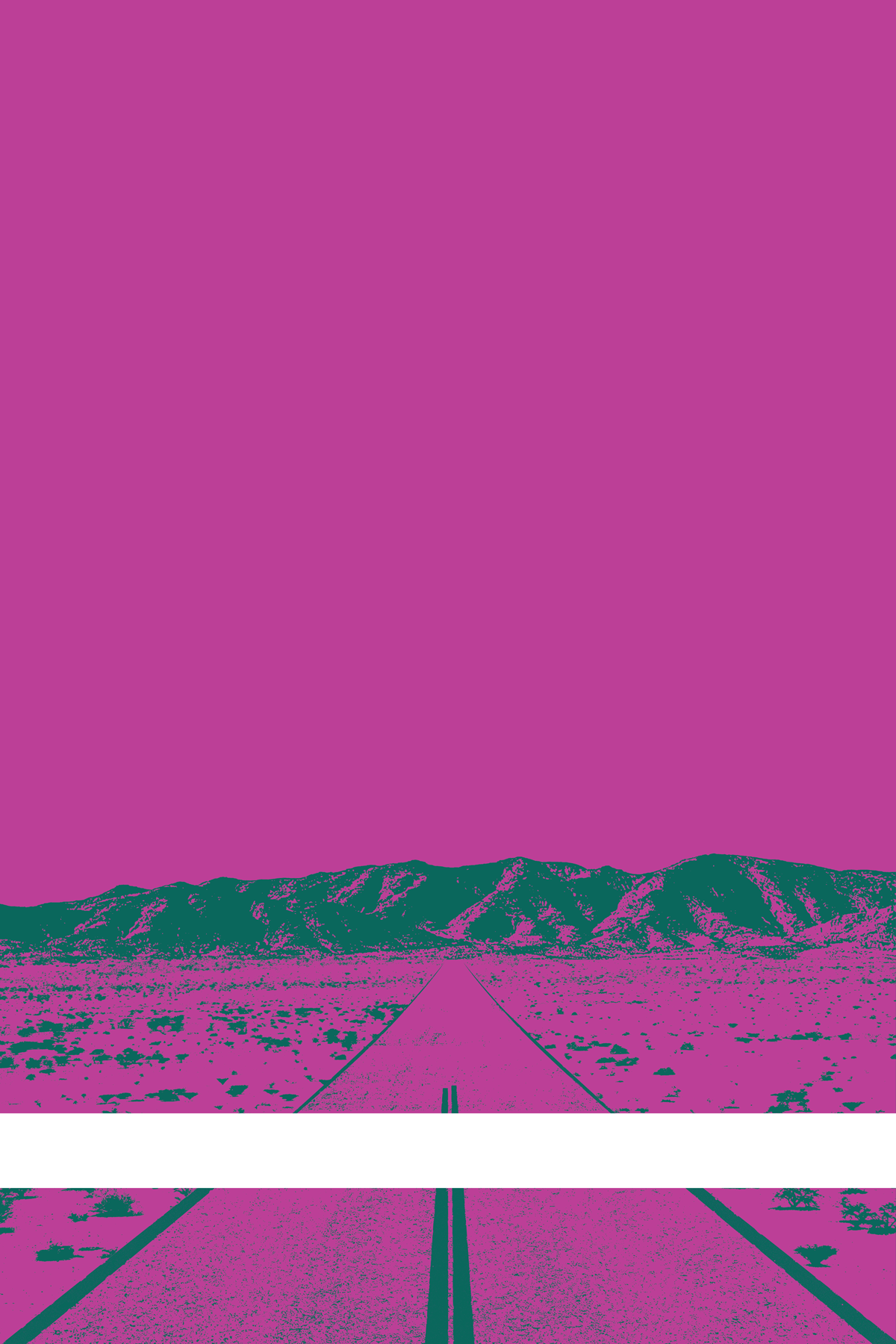 A view of Mercury Valley, Nevada, facing toward the northwest. The composition is rendered in purple and dark grayish green. A prominent white line stretches across the composition near the bottom of the view.