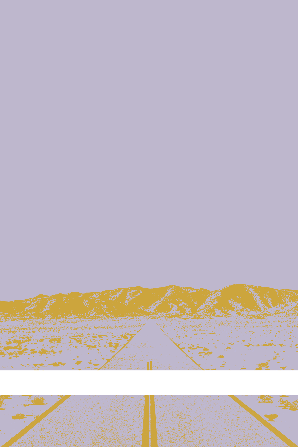 A view of Mercury Valley, Nevada, facing toward the northwest. The composition is rendered in light grayish purple and dark yellow. A prominent white line stretches across the composition near the bottom of the view.