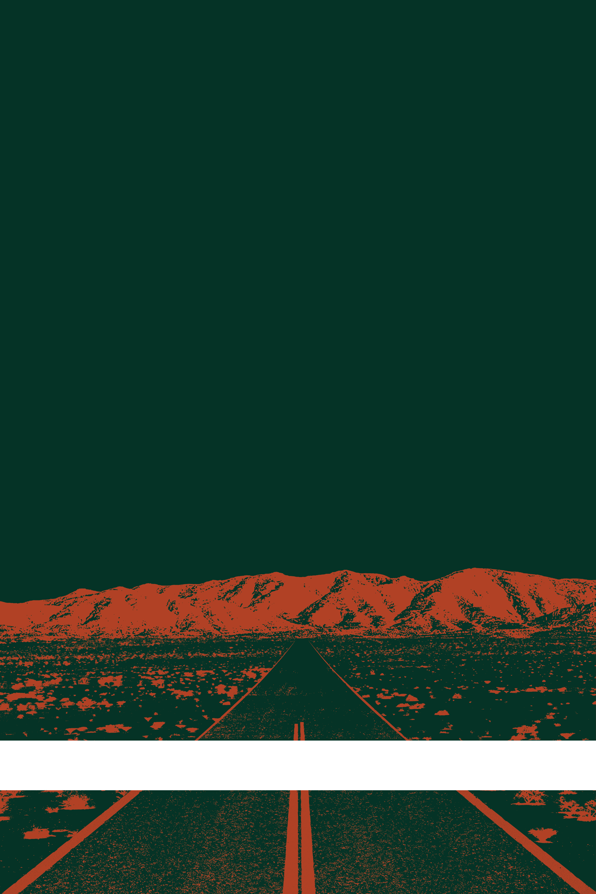 A view of Mercury Valley, Nevada, facing toward the northwest. The composition is rendered in dark green and orange. A prominent white line stretches across the composition near the bottom of the view.