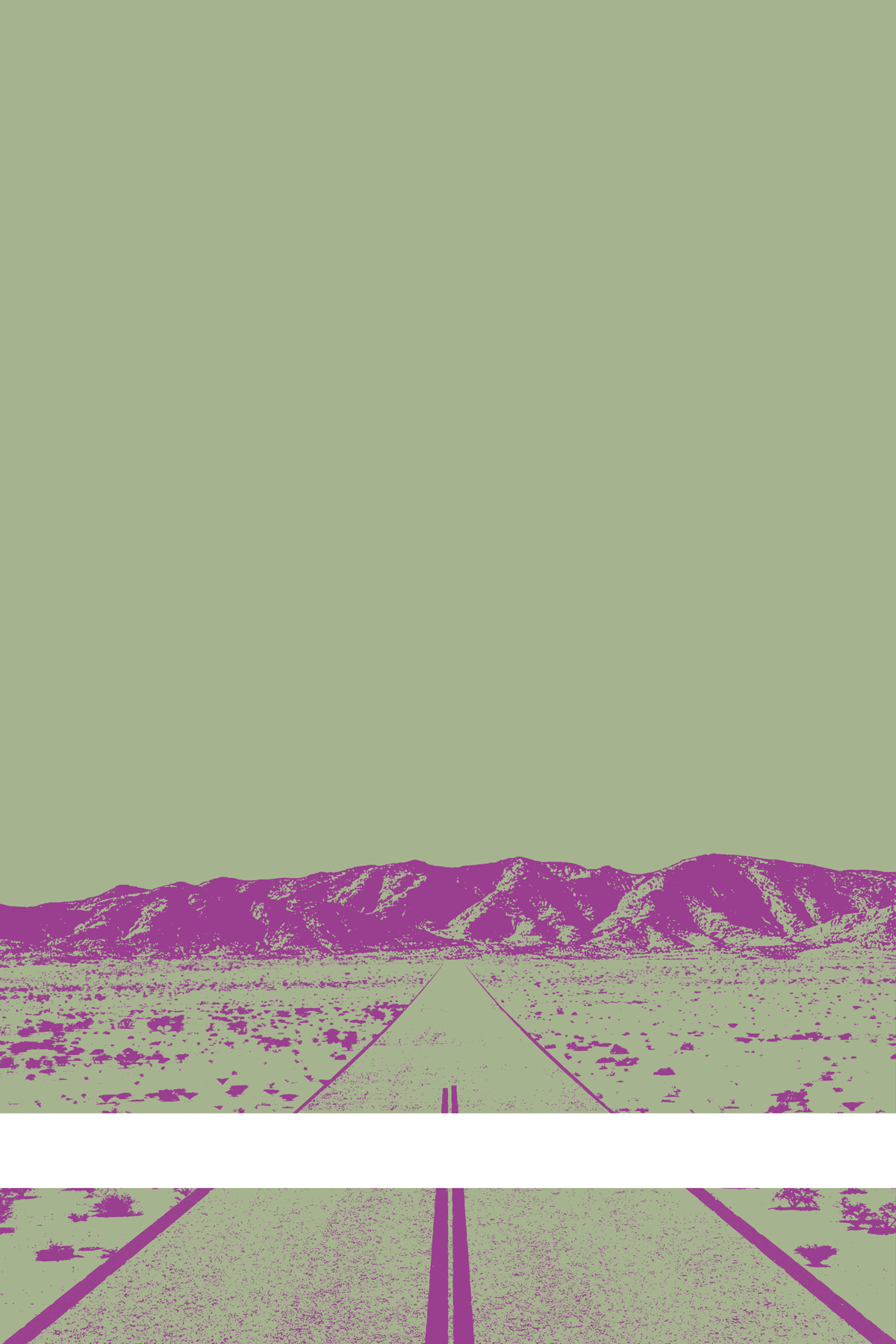 A view of Mercury Valley, Nevada, facing toward the northwest. The composition is rendered in grayish green and purple. A prominent white line stretches across the composition near the bottom of the view.