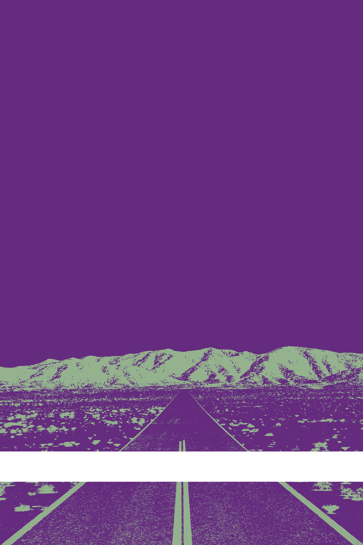 A view of Mercury Valley, Nevada, facing toward the northwest. The composition is rendered in purple and pale green. A prominent white line stretches across the composition near the bottom of the view.