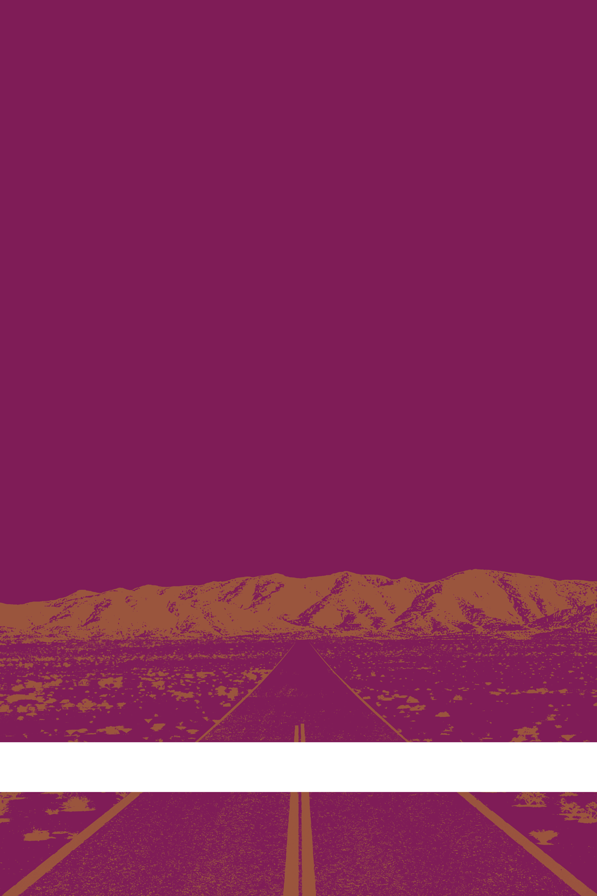 A view of Mercury Valley, Nevada, facing toward the northwest. The composition is rendered in purple and brownish orange. A prominent white line stretches across the composition near the bottom of the view.