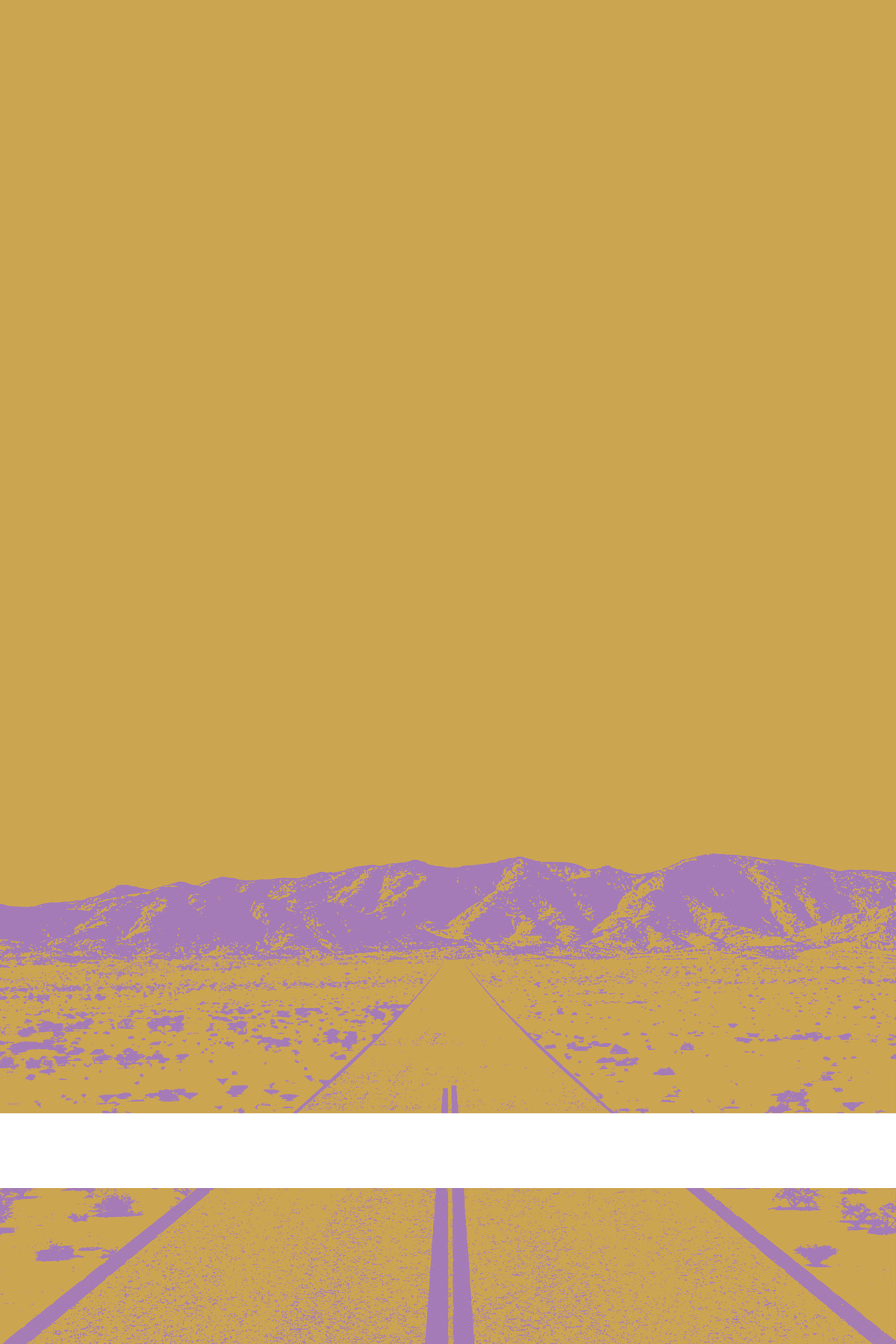 A view of Mercury Valley, Nevada, facing toward the northwest. The composition is rendered in light brownish orange and light purple. A prominent white line stretches across the composition near the bottom of the view.