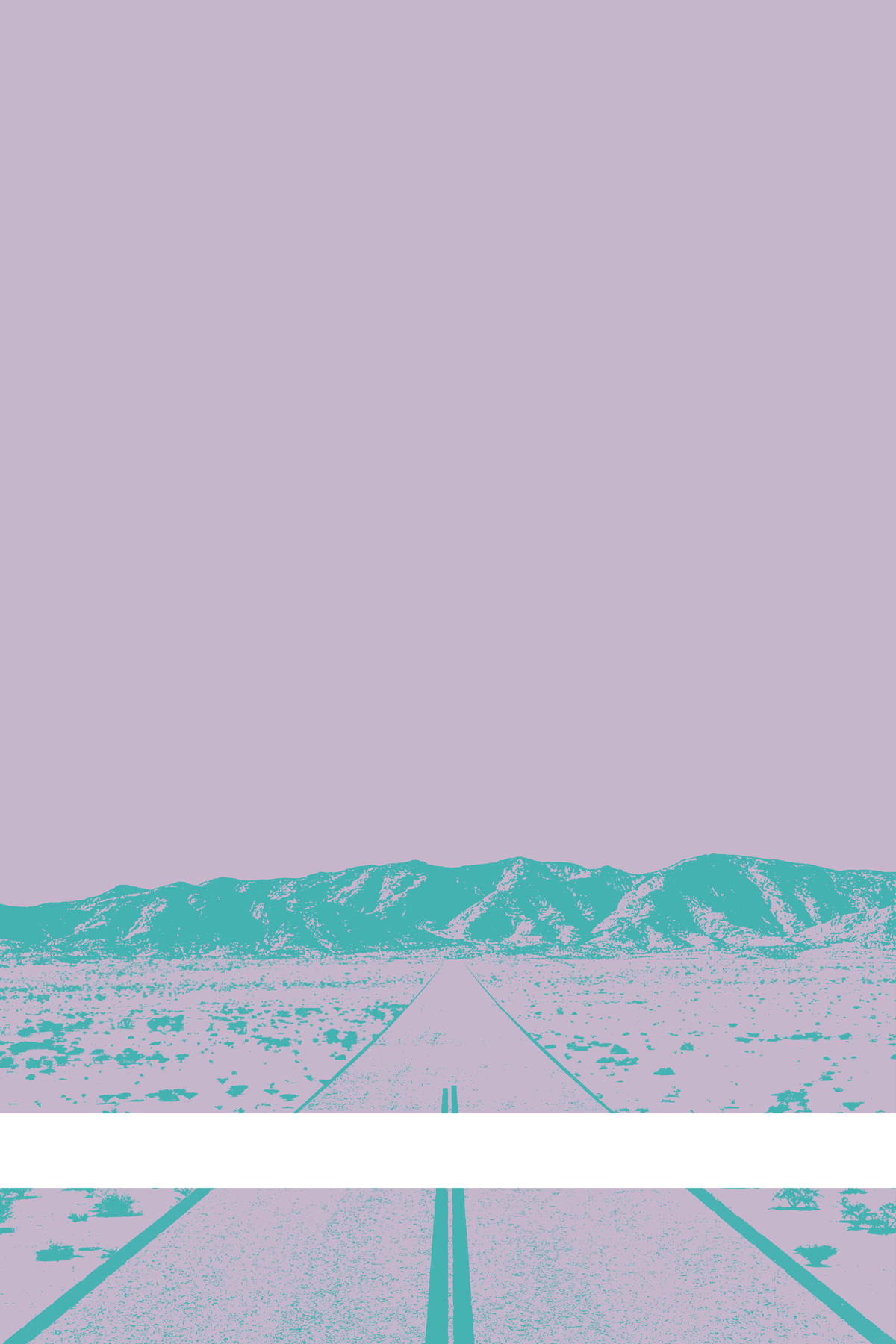 A view of Mercury Valley, Nevada, facing toward the northwest. The composition is rendered in light grayish purple and light blue. A prominent white line stretches across the composition near the bottom of the view.