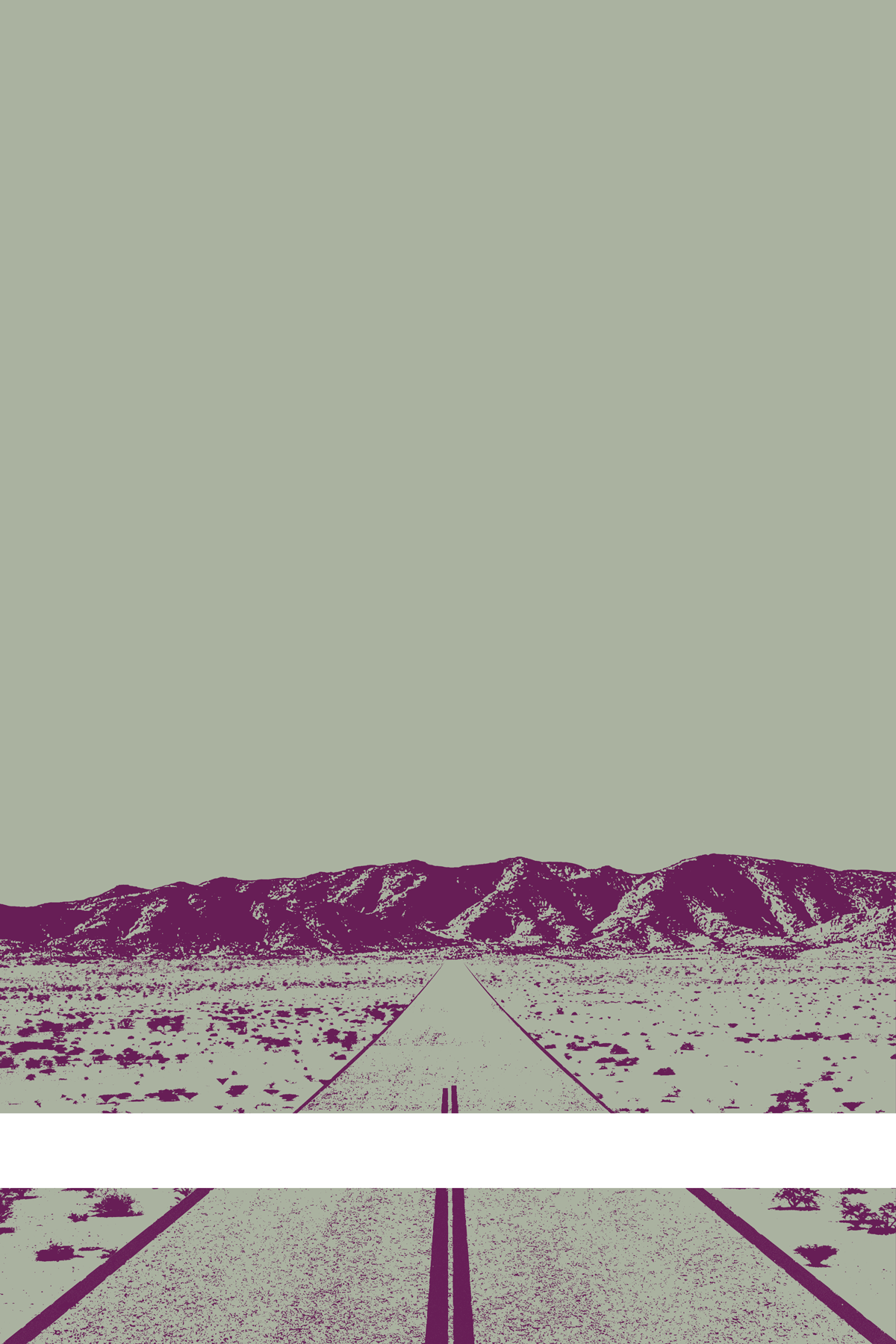 A view of Mercury Valley, Nevada, facing toward the northwest. The composition is rendered in gray and dark purple. A prominent white line stretches across the composition near the bottom of the view.