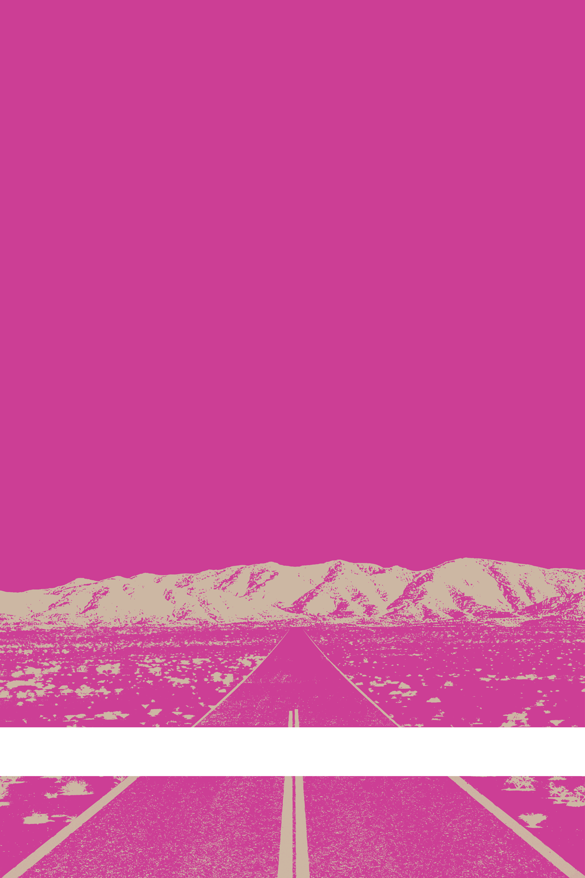 A view of Mercury Valley, Nevada, facing toward the northwest. The composition is rendered in pink and pale yellow. A prominent white line stretches across the composition near the bottom of the view.