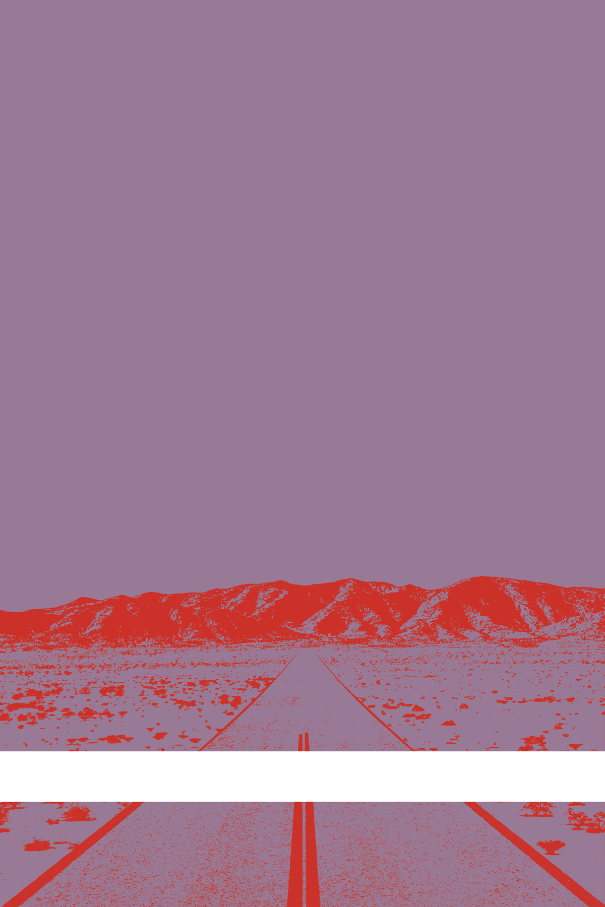 A view of Mercury Valley, Nevada, facing toward the northwest. The composition is rendered in light purple and red. A prominent white line stretches across the composition near the bottom of the view.