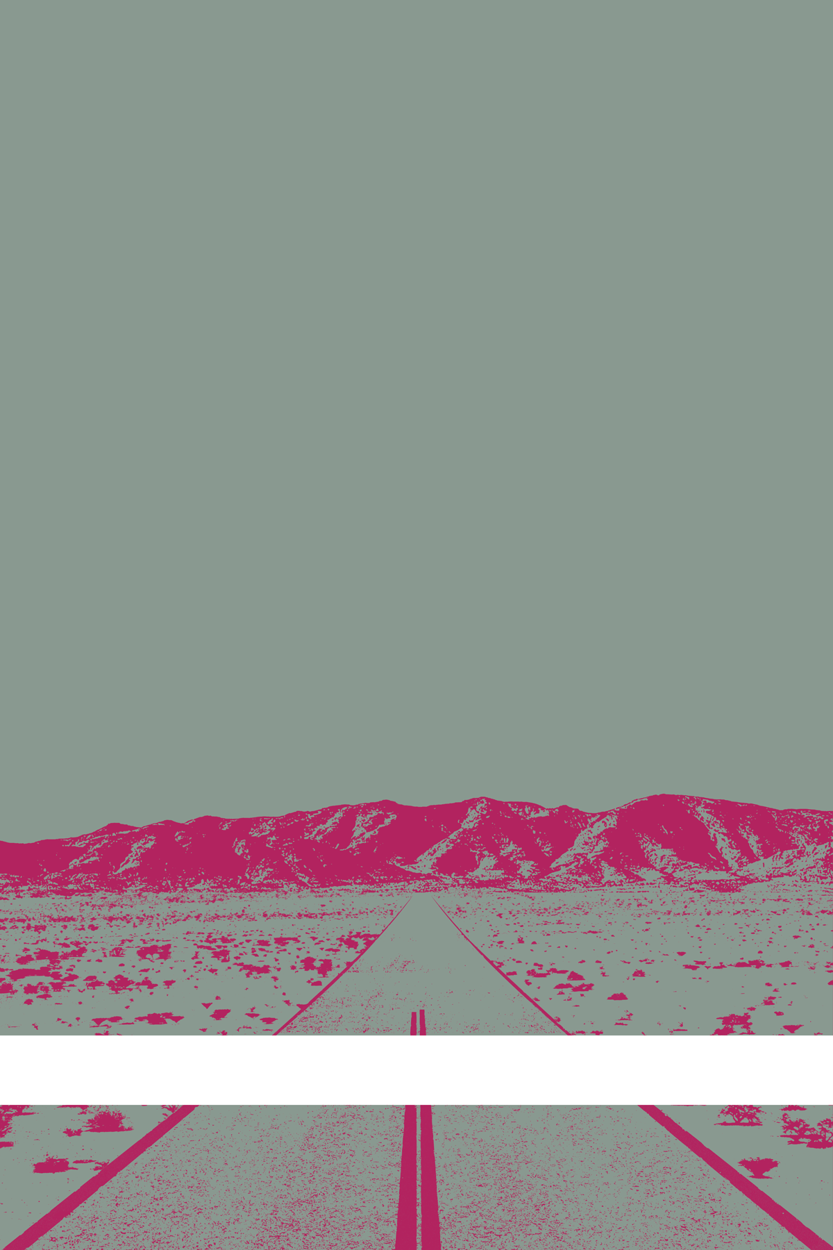 A view of Mercury Valley, Nevada, facing toward the northwest. The composition is rendered in gray and pink. A prominent white line stretches across the composition near the bottom of the view.