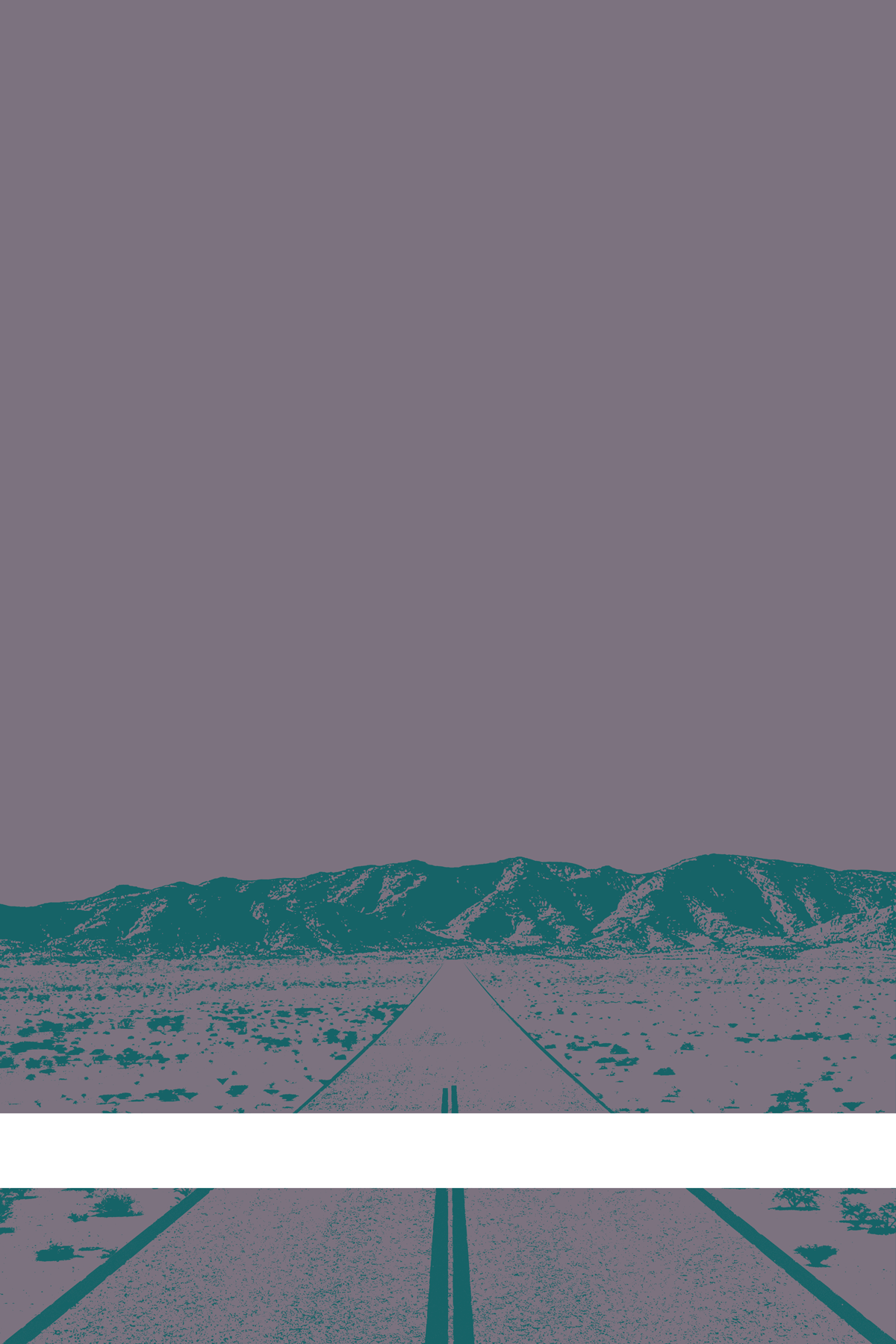 A view of Mercury Valley, Nevada, facing toward the northwest. The composition is rendered in light grayish purple and blue-green. A prominent white line stretches across the composition near the bottom of the view.