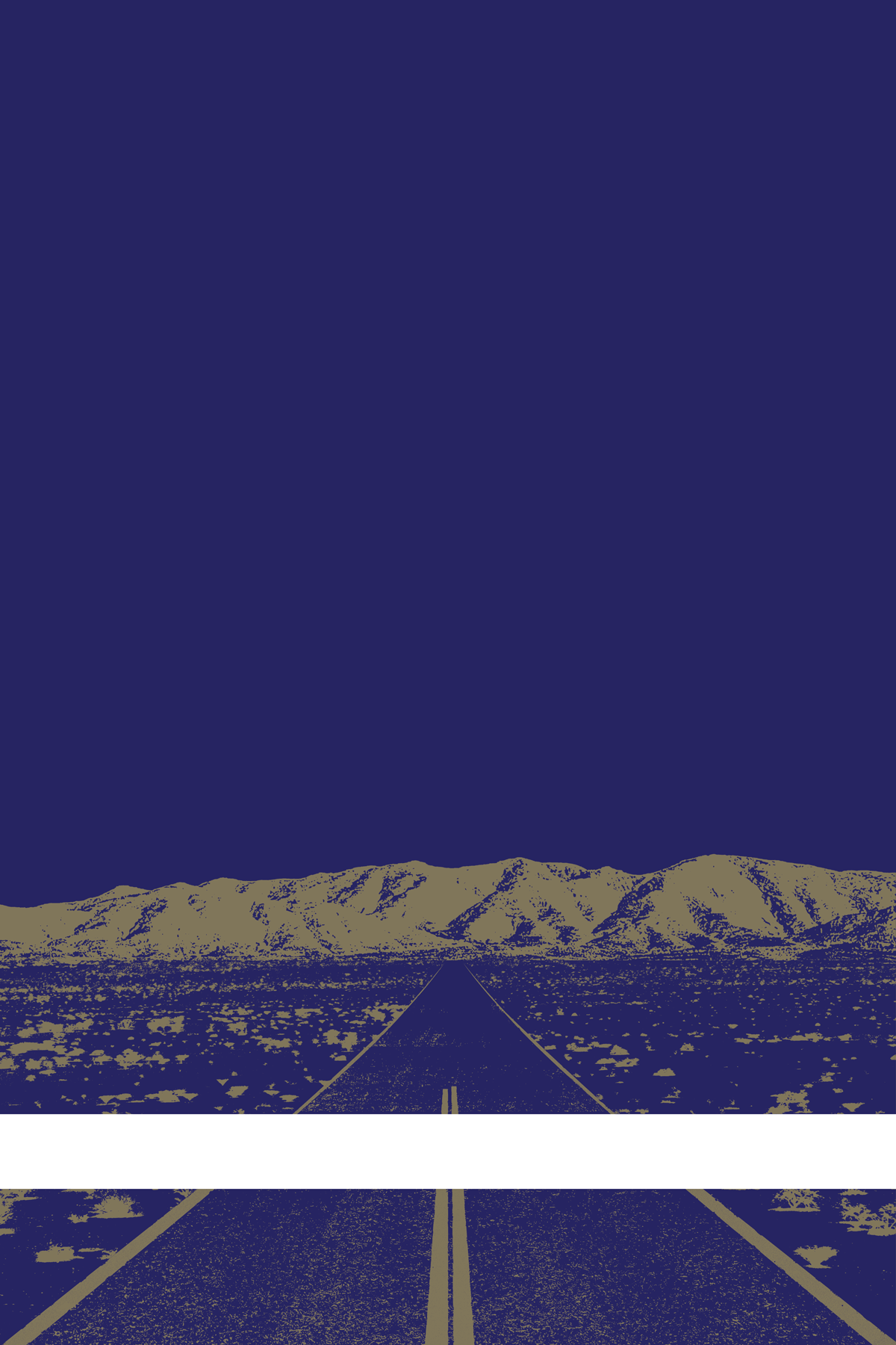 A view of Mercury Valley, Nevada, facing toward the northwest. The composition is rendered in dark blue and light grayish orange. A prominent white line stretches across the composition near the bottom of the view.