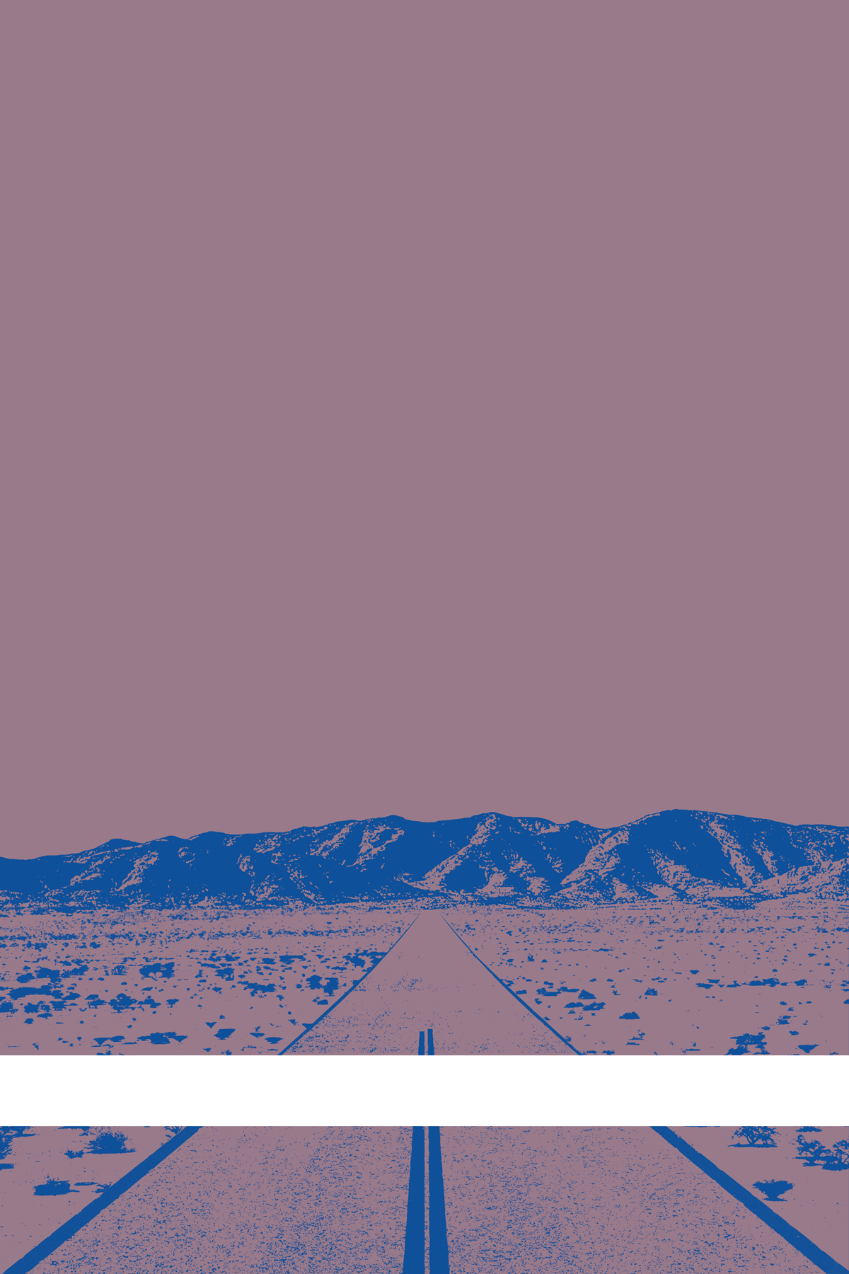 A view of Mercury Valley, Nevada, facing toward the northwest. The composition is rendered in light grayish purple and blue. A prominent white line stretches across the composition near the bottom of the view.