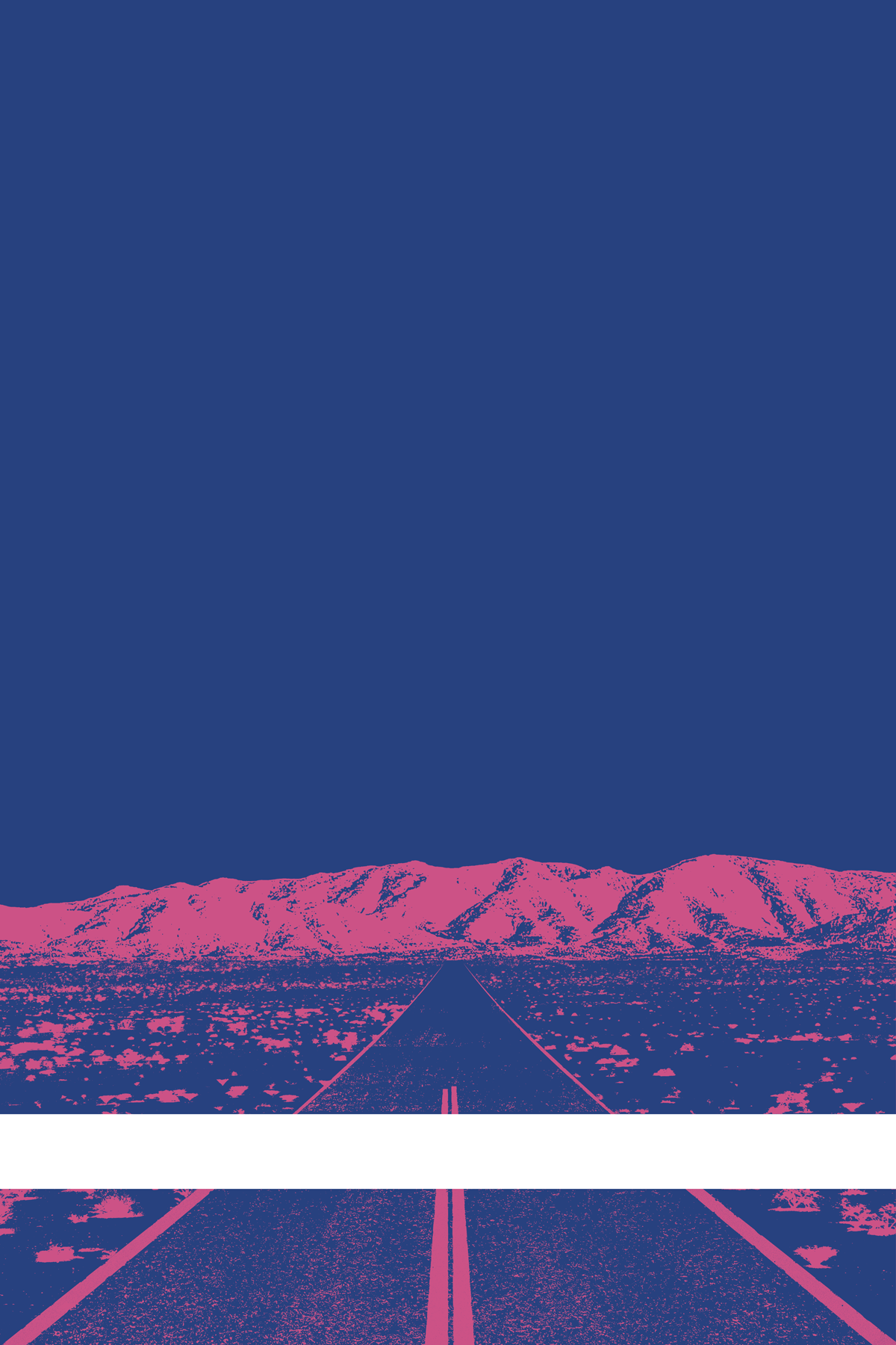 A view of Mercury Valley, Nevada, facing toward the northwest. The composition is rendered in blue and pink. A prominent white line stretches across the composition near the bottom of the view.