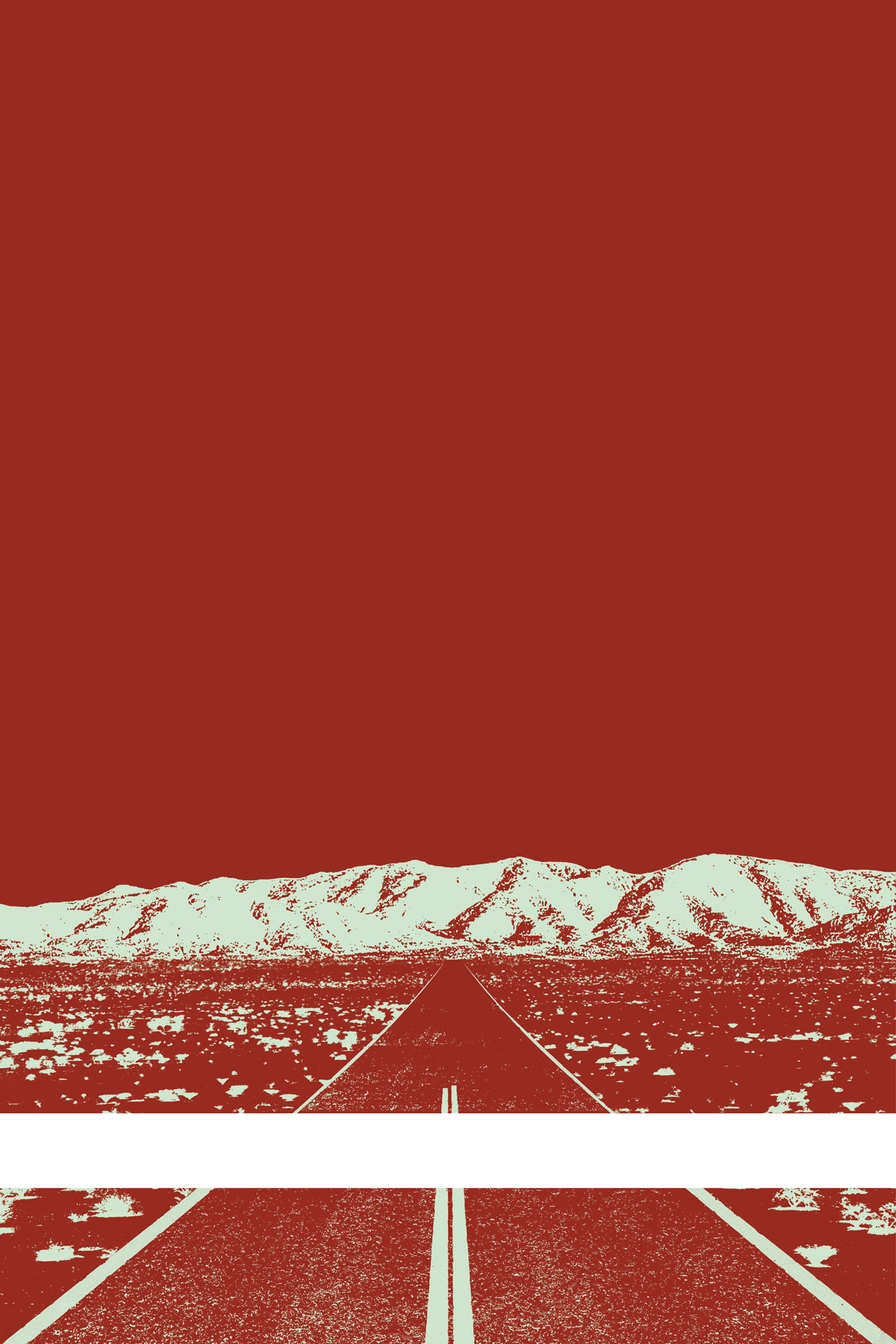 A view of Mercury Valley, Nevada, facing toward the northwest. The composition is rendered in dark red and pale green. A prominent white line stretches across the composition near the bottom of the view.