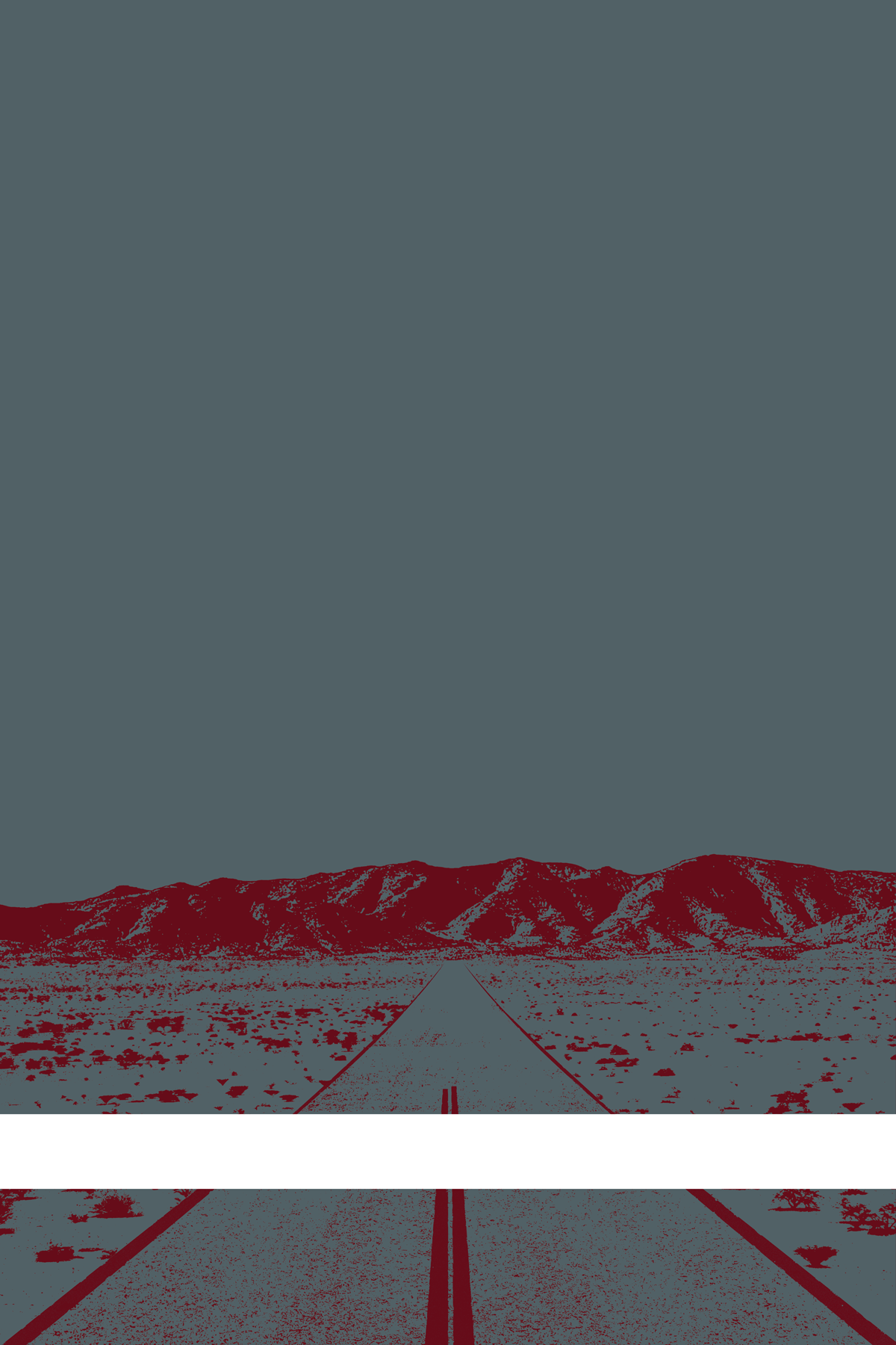 A view of Mercury Valley, Nevada, facing toward the northwest. The composition is rendered in dark grayish blue and dark red. A prominent white line stretches across the composition near the bottom of the view.