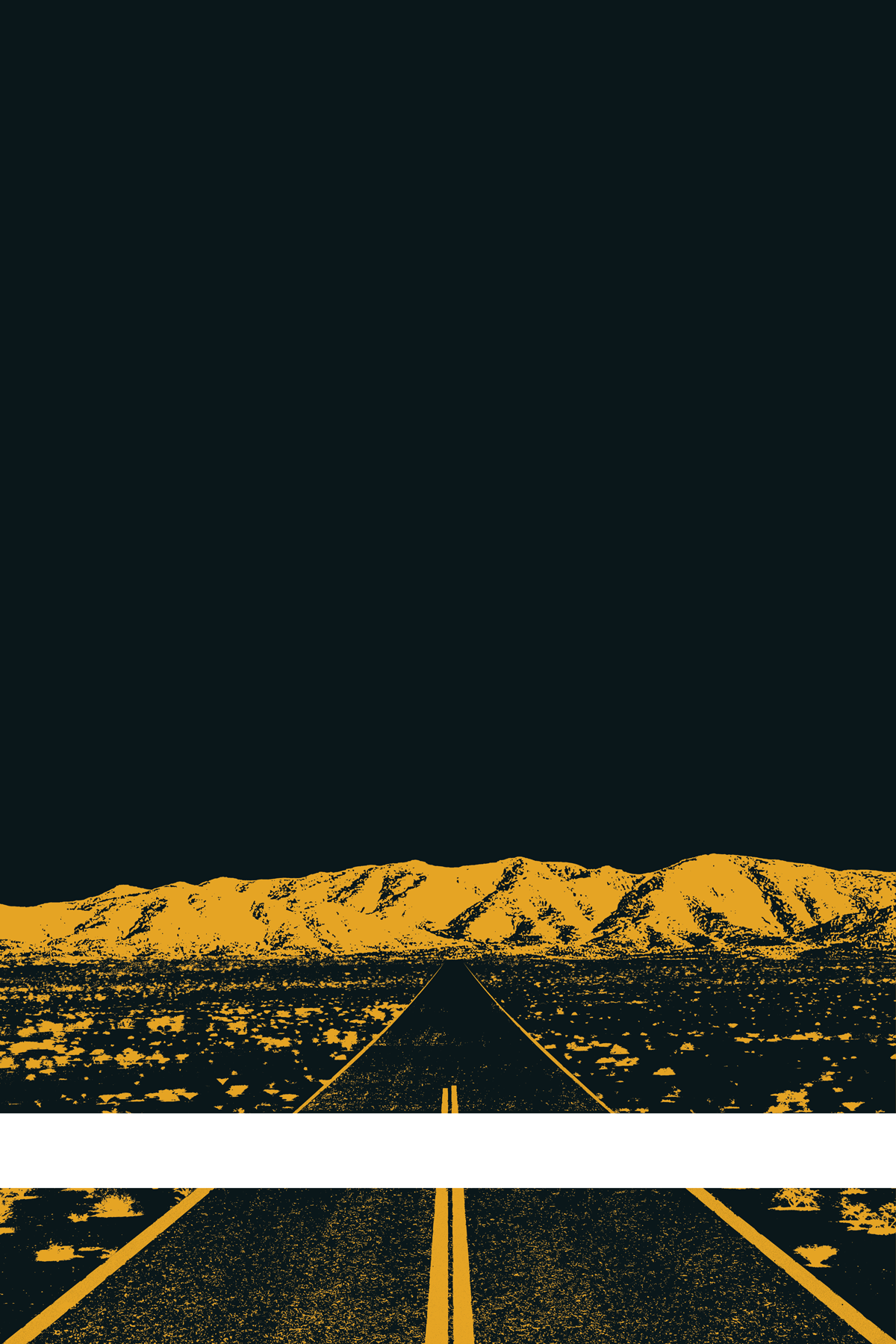 A view of Mercury Valley, Nevada, facing toward the northwest. The composition is rendered in black and yellow. A prominent white line stretches across the composition near the bottom of the view.