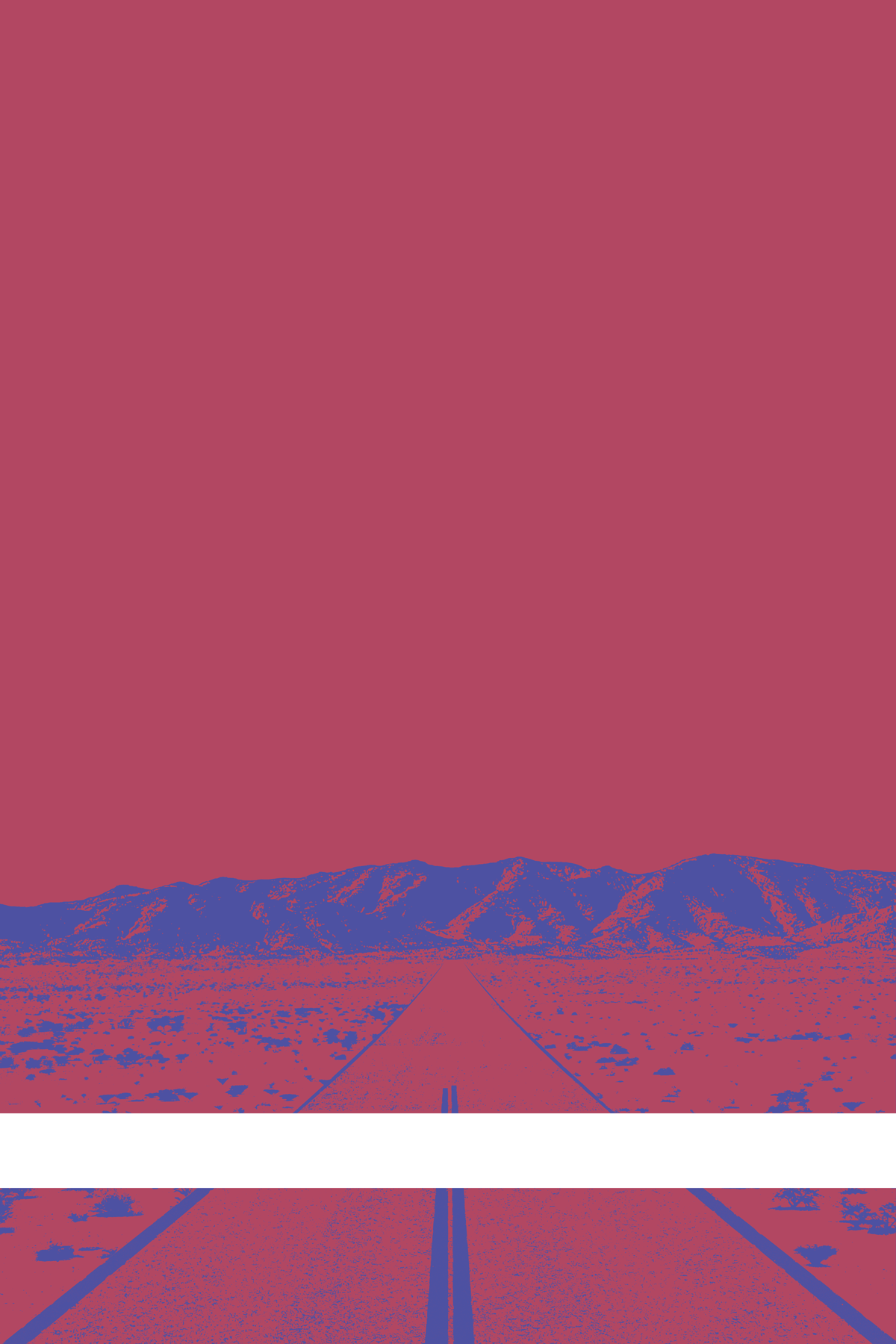 A view of Mercury Valley, Nevada, facing toward the northwest. The composition is rendered in grayish red and blue. A prominent white line stretches across the composition near the bottom of the view.