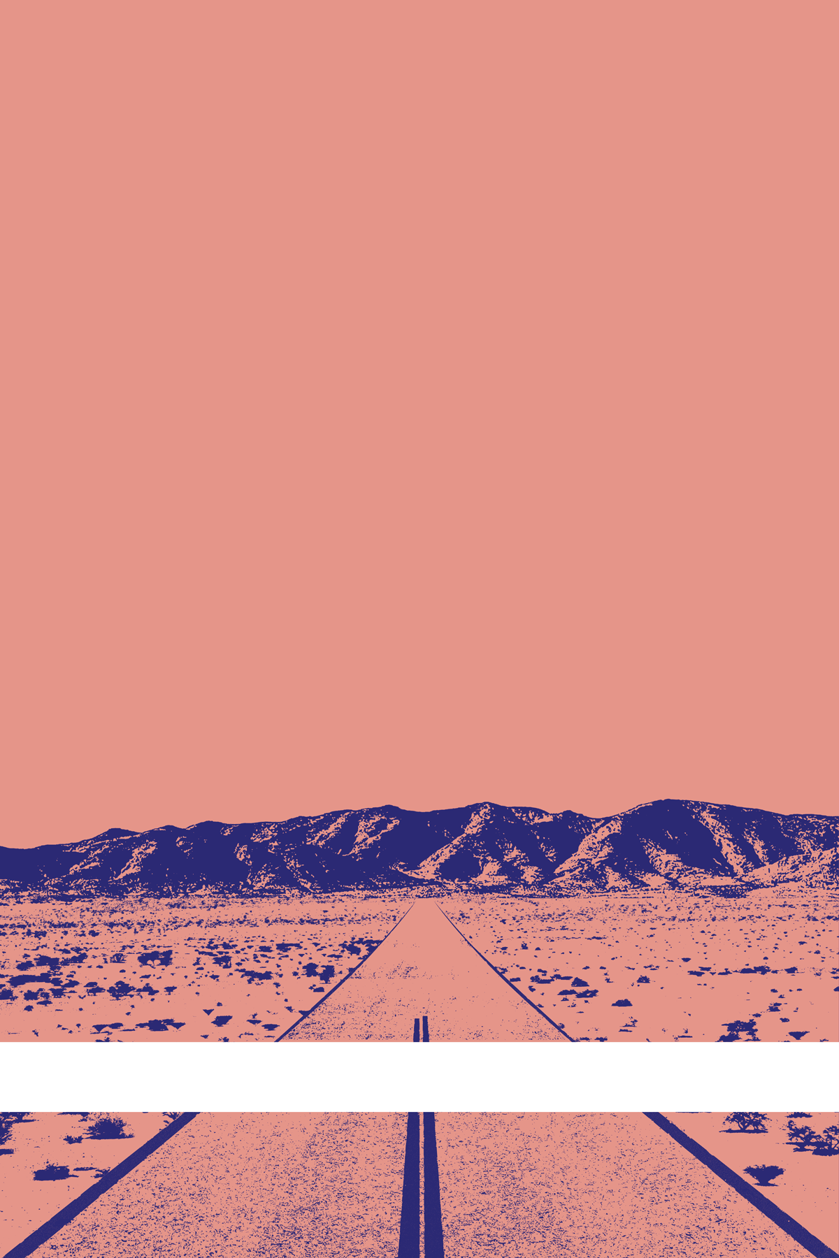 A view of Mercury Valley, Nevada, facing toward the northwest. The composition is rendered in light pink and purple. A prominent white line stretches across the composition near the bottom of the view.