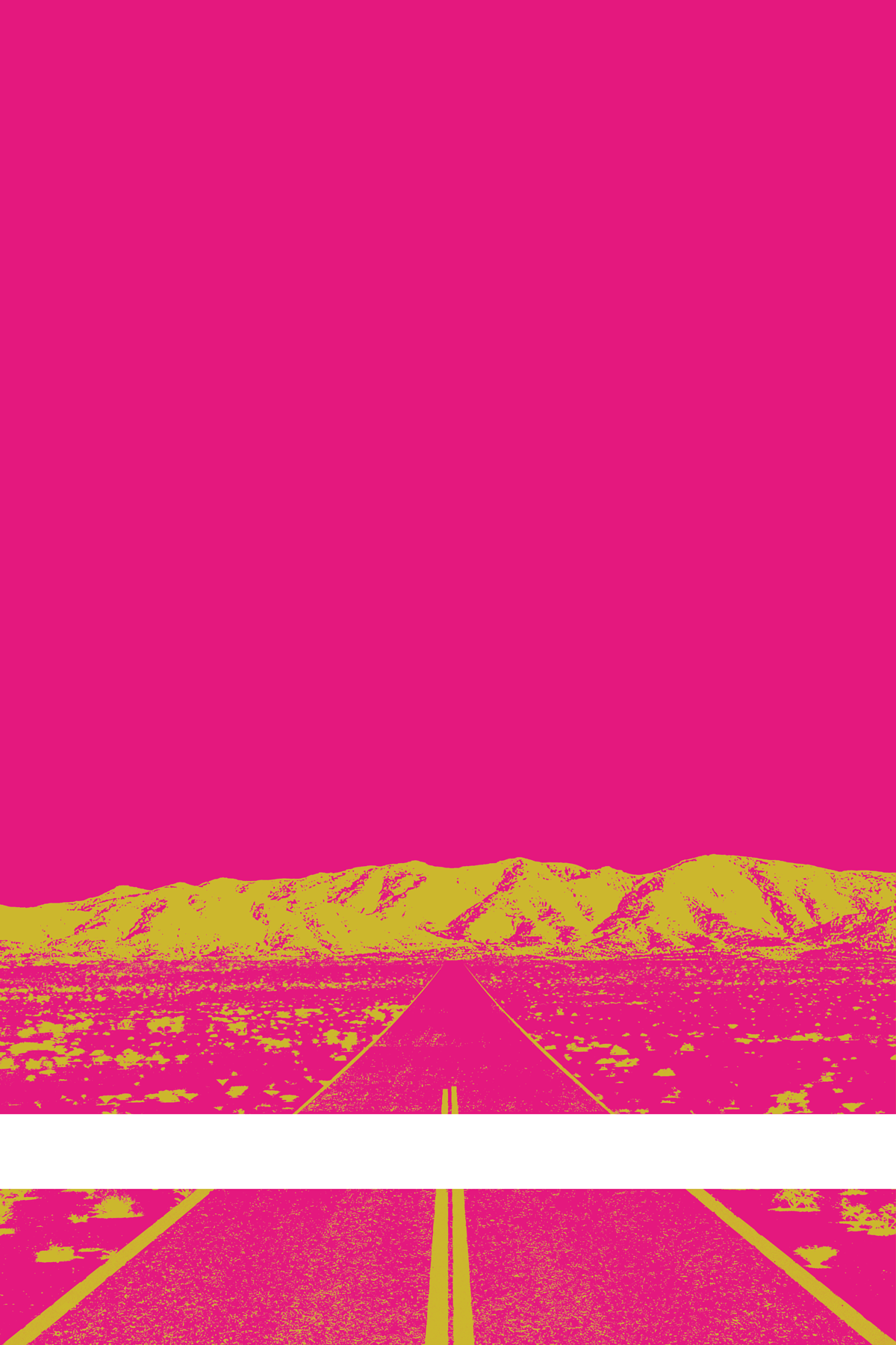 A view of Mercury Valley, Nevada, facing toward the northwest. The composition is rendered in pink and yellow. A prominent white line stretches across the composition near the bottom of the view.