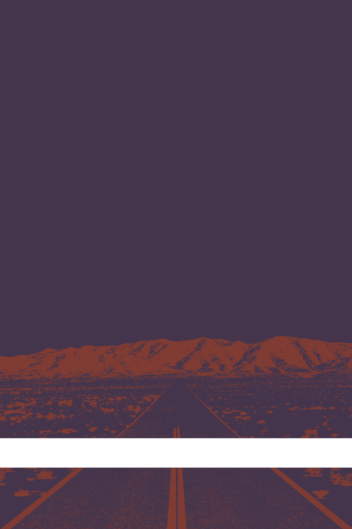 A view of Mercury Valley, Nevada, facing toward the northwest. The composition is rendered in dark purple and dark orange. A prominent white line stretches across the composition near the bottom of the view.