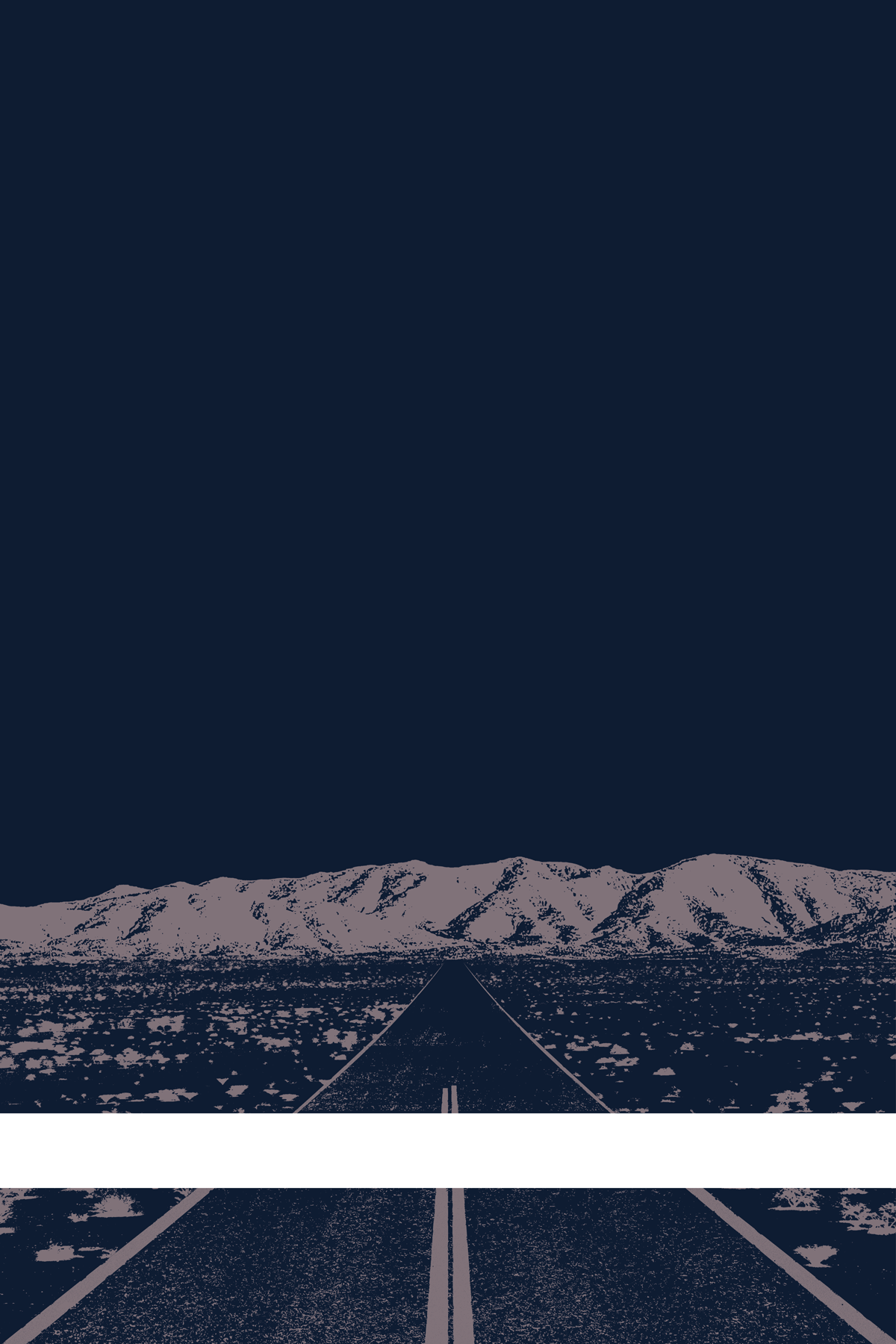 A view of Mercury Valley, Nevada, facing toward the northwest. The composition is rendered in dark blue and grayish pink. A prominent white line stretches across the composition near the bottom of the view.