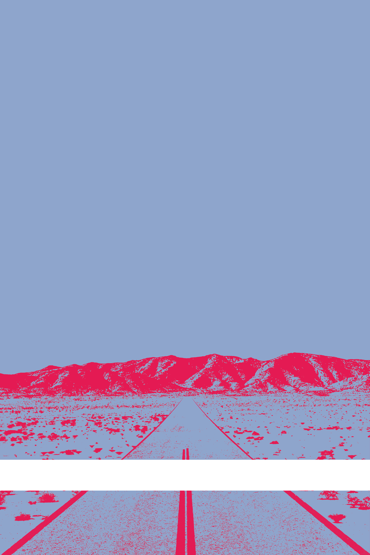 A view of Mercury Valley, Nevada, facing toward the northwest. The composition is rendered in light blue and red. A prominent white line stretches across the composition near the bottom of the view.