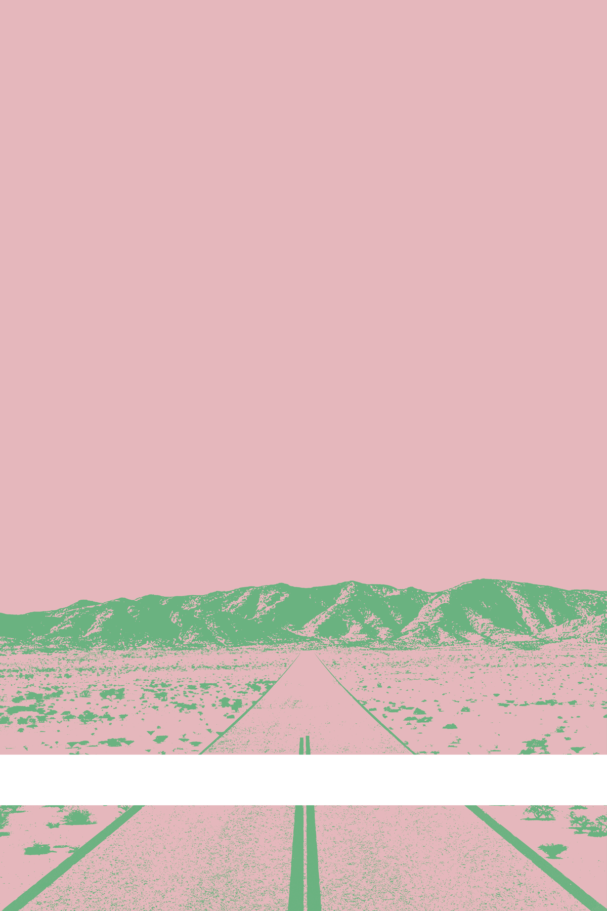 A view of Mercury Valley, Nevada, facing toward the northwest. The composition is rendered in pink and light green. A prominent white line stretches across the composition near the bottom of the view.