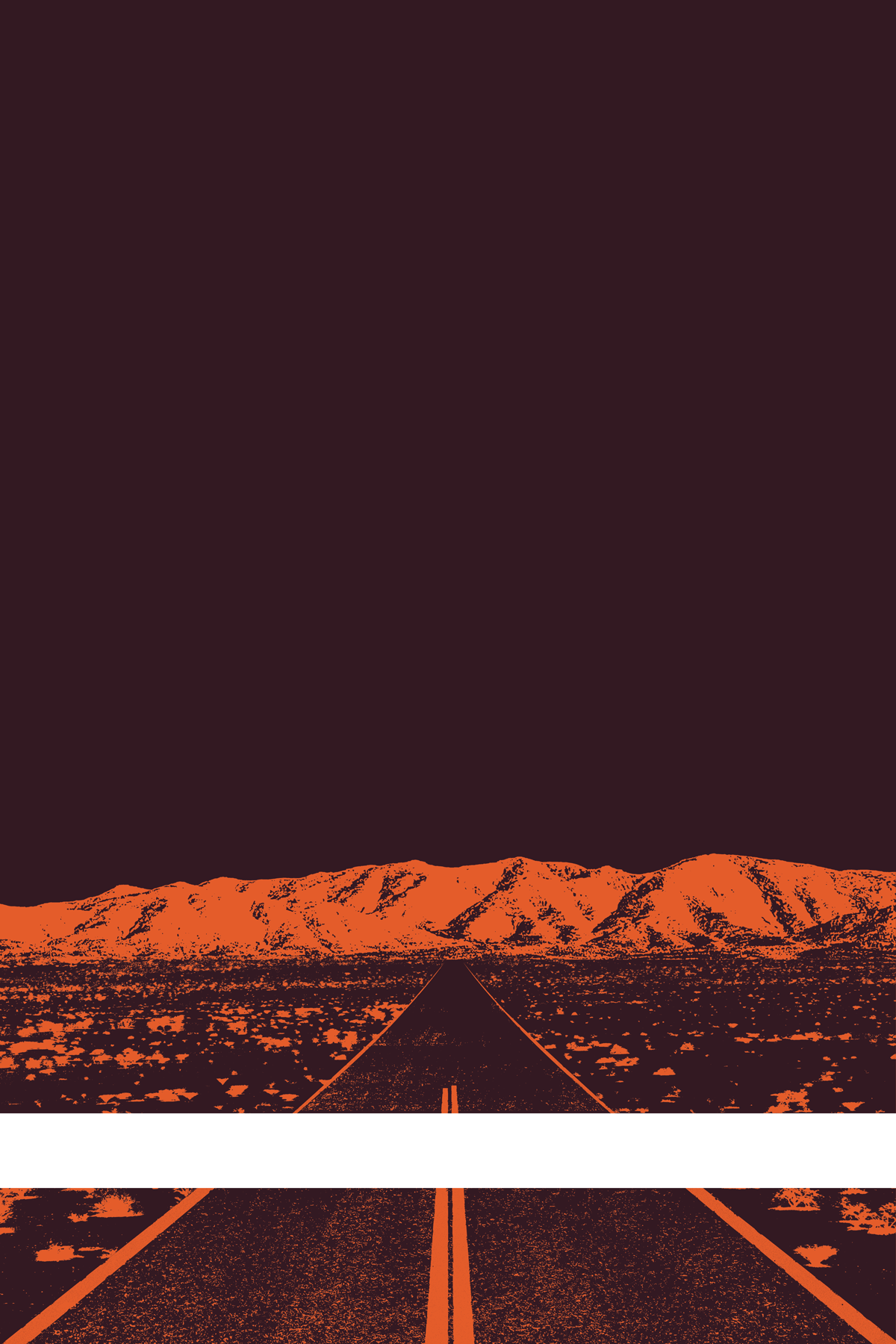 A view of Mercury Valley, Nevada, facing toward the northwest. The composition is rendered in dark dark red and orange. A prominent white line stretches across the composition near the bottom of the view.