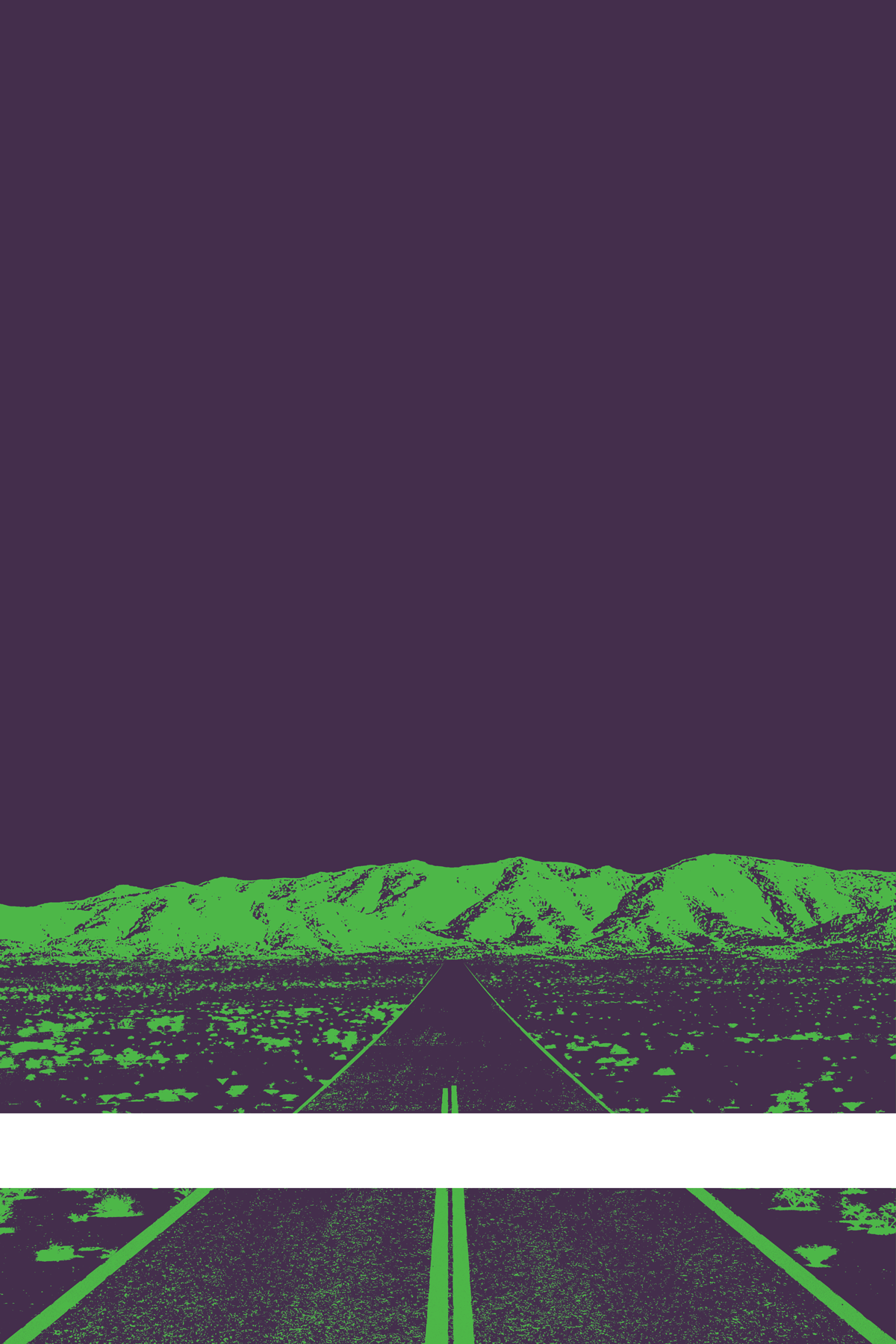 A view of Mercury Valley, Nevada, facing toward the northwest. The composition is rendered in dark purple and green. A prominent white line stretches across the composition near the bottom of the view.