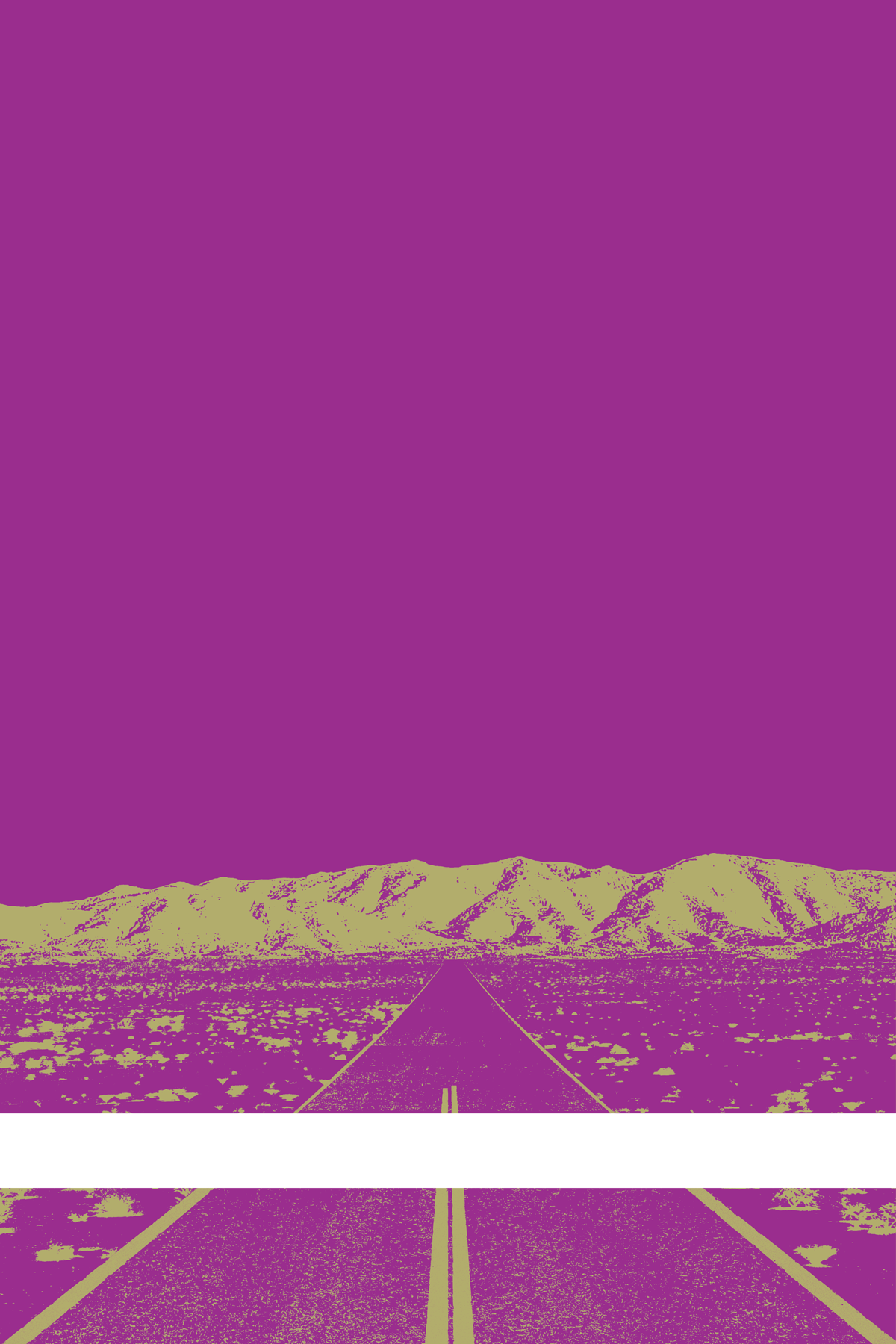 A view of Mercury Valley, Nevada, facing toward the northwest. The composition is rendered in purple and light grayish yellow. A prominent white line stretches across the composition near the bottom of the view.